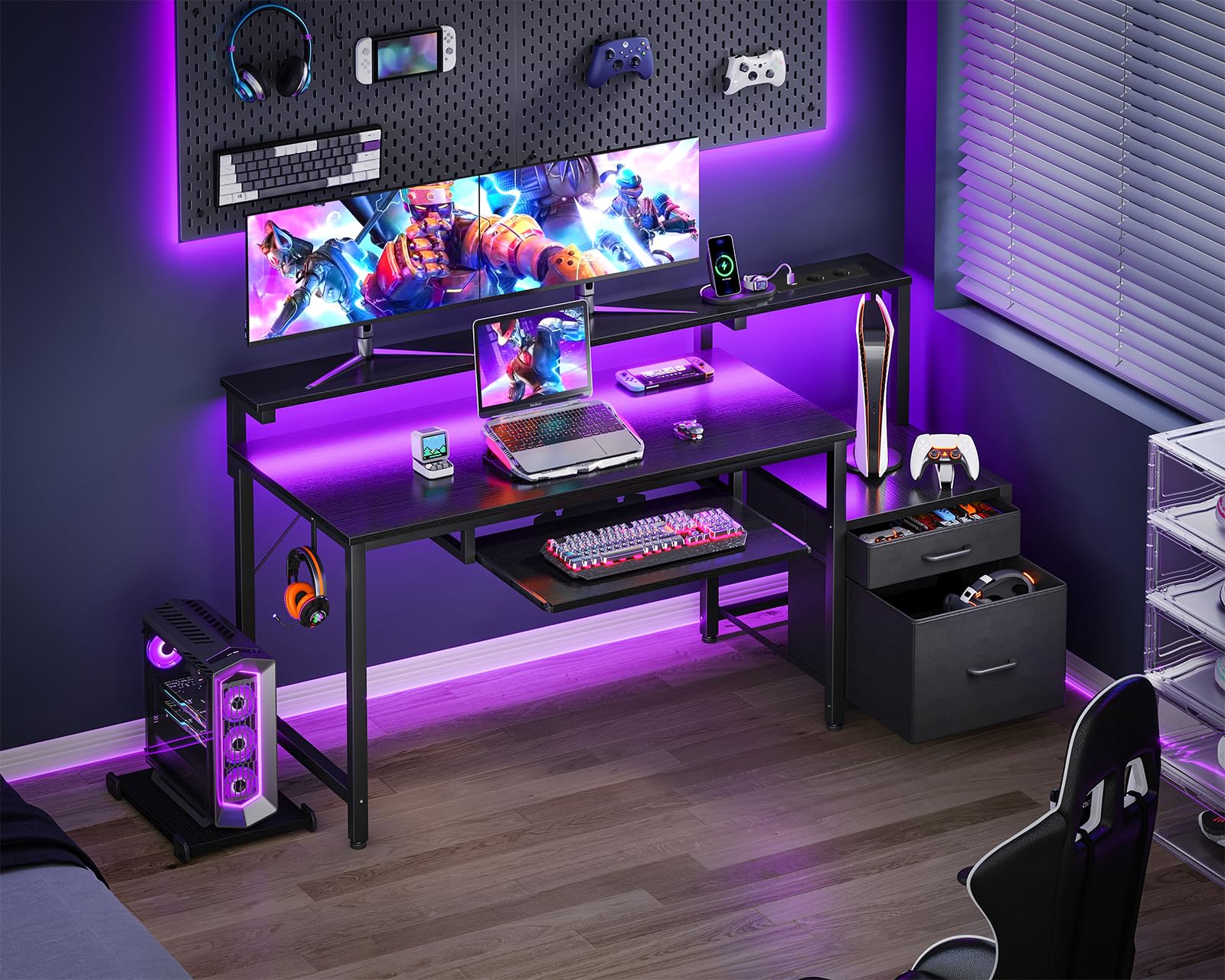 Colsehome Bureau met Laden, 140x48cm Omkeerbaar Computer Bureau met Stopcontact & USB, Gaming Tafel LED Licht, Toetsenbordlade & Monitorstandaard voor Kantoor, Slaapkamer (Zwart