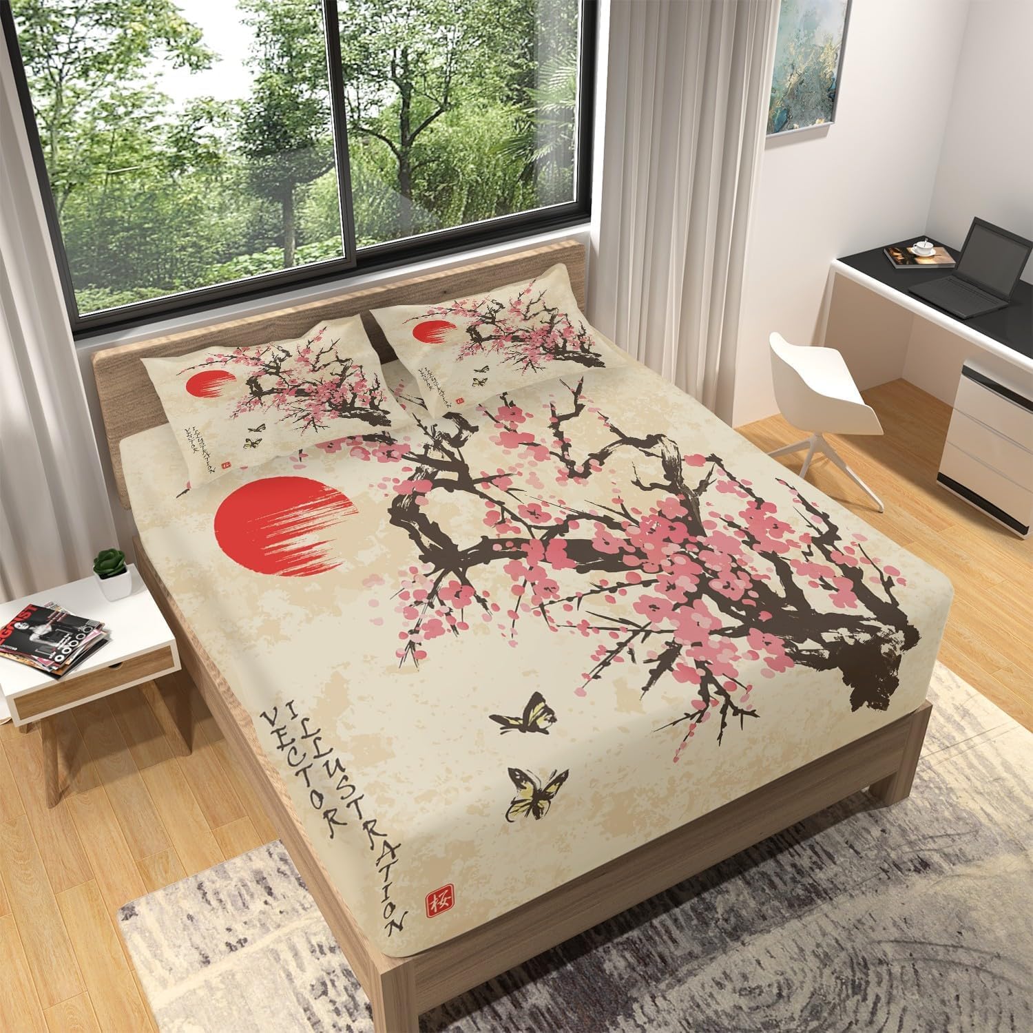 Drap Housse 120x190 Sakura Fleur De Pêcher 3D - Parure Lit 1 Personne Avec 2 Taies D'Oreiller - Rose Doux