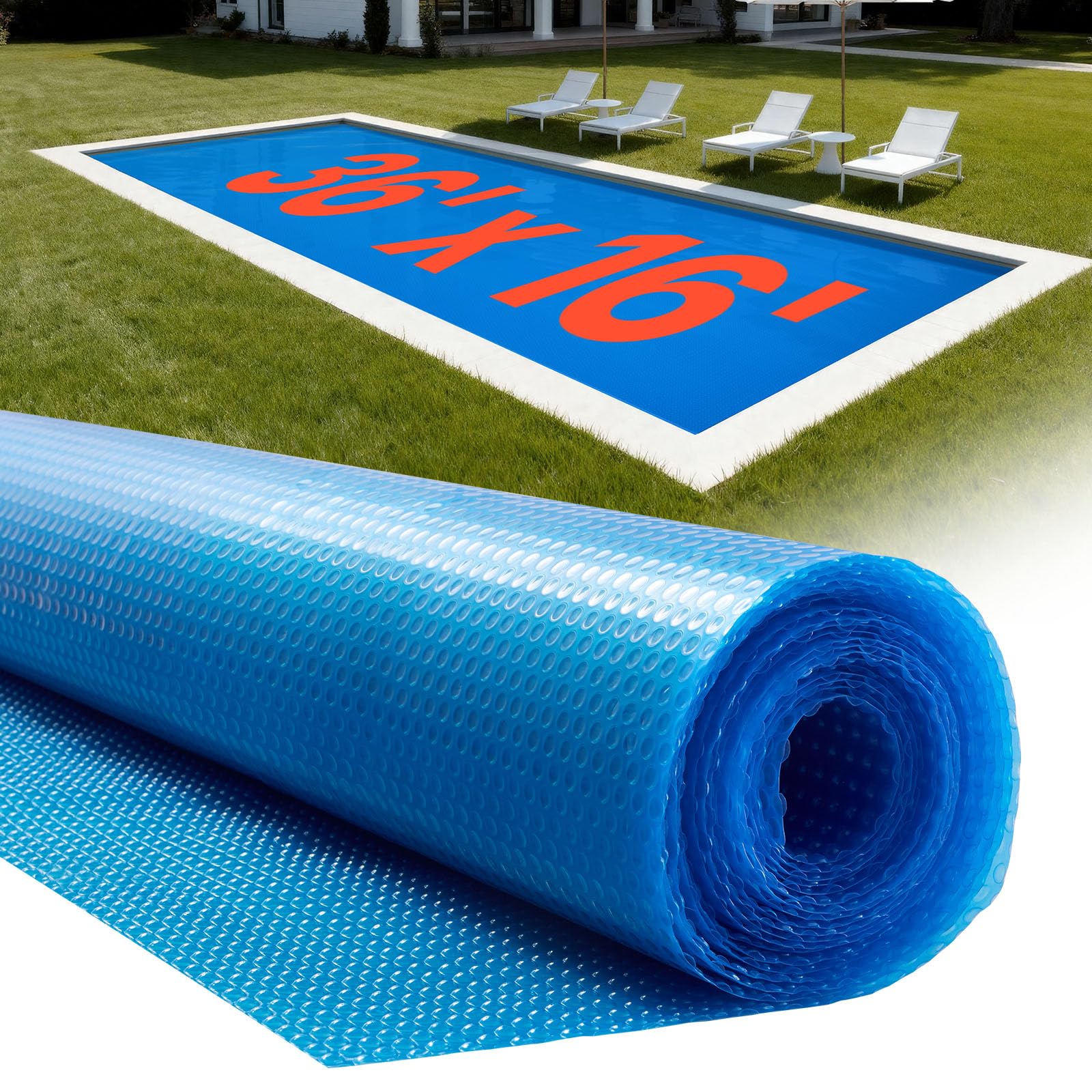 VEVOR Solar Pool Cover, 36 x 16 ft Rectangle Pool Bubble Cover, 12 Mil Pools Solar Blanket with Bubble & PE Material, Daytime Heat Absorption, Nighttime Heat Retention, Heat Retaining Solars Covers