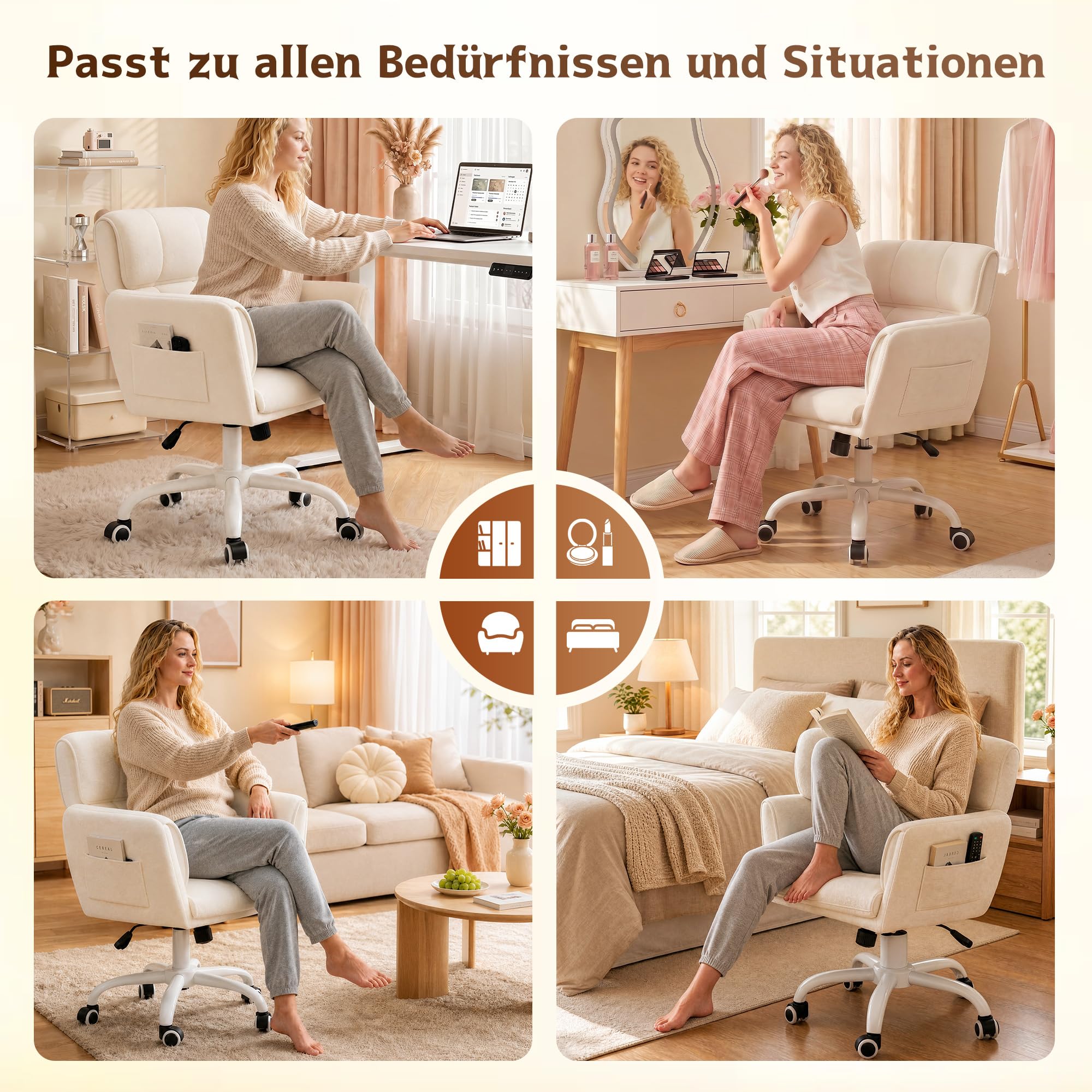 Schreibtischstuhl mit neigbarer Rückenlehne & Armlehnen, Schminktisch Stuhl mit Samtbezug, höhenverstellbar & 360° Drehfunktion, 150 kg, ergonomischer Bürostuhl, Homeoffice, Schlafzimmer, Beige