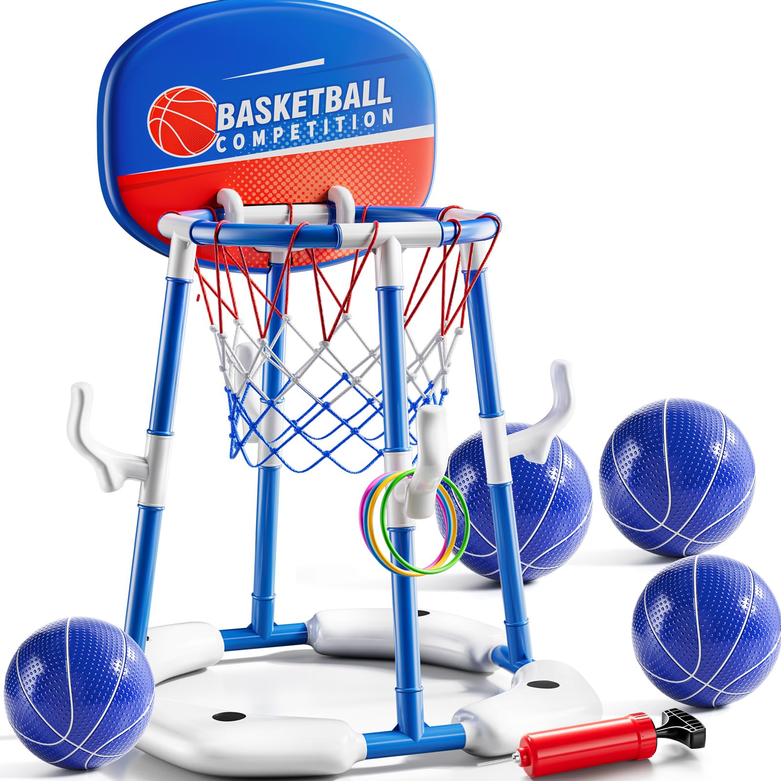 NIPLOOOW 2-in-1 Pool-Basketballkorb, schwimmendes Pool-Spielzeug mit 4 Bällen und 12 Ringwurfspiel für Kinder im Alter von 4–8 8–12 Jahren, Outdoor-Schwimmen, Wasser-Basketball für Pool, Familienparty