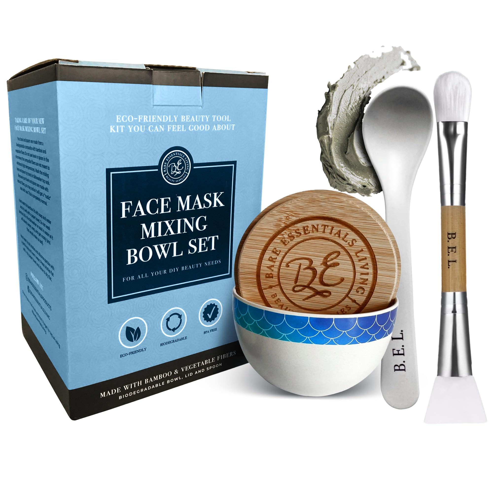 Bare Essentials Living - Clay Face Mask Mixing Bowl Set, Skin Care Kit Facial Bowls with Bamboo Lid, Face Mask Spoon, & Dual Sided Face Mask Brush Applicator for DIY Facial & Hair Clay Mask (Mermaid) Mermaid Scales
