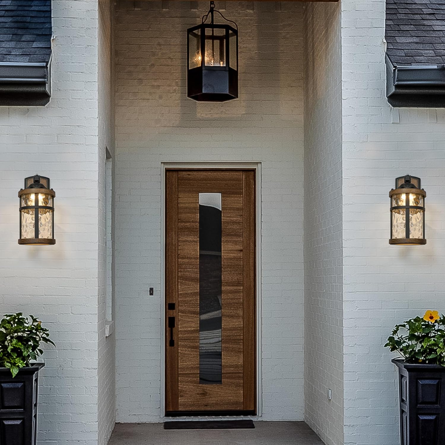 Maxxima LED Outdoor Wall Light, Black w/Wood Grain Style Finish, Clear Hammered Glass, 800 Lumens, 3000K Warm White, Dusk to Dawn Sensor, Farmhouse Wall Mount Sconce, Rustic Coach Lantern