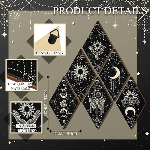 Miniatura 3 de 6 piezas de decoración de pared de fase lunar negro dorado fases solares bruja, mariposa gótica, arte de pared de 11.8 x 6.7 pulgadas, rústico,