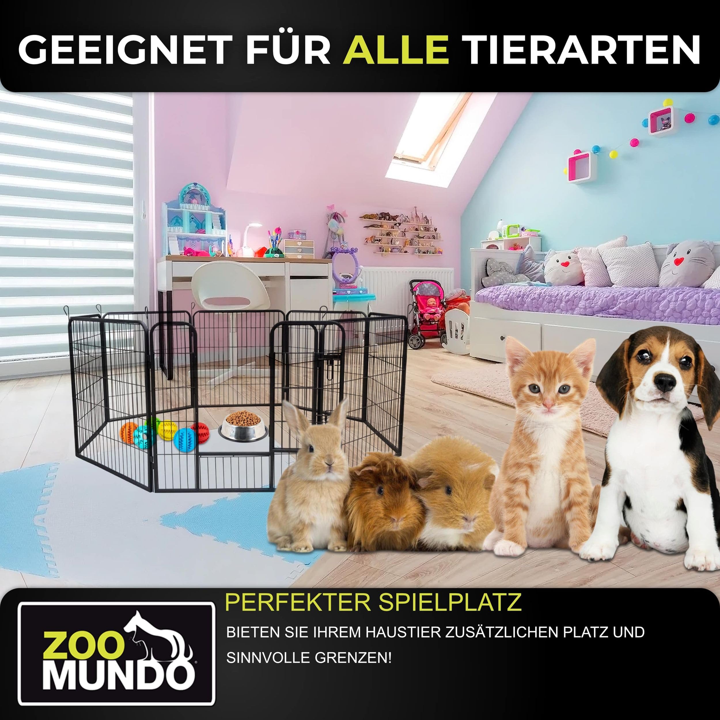 zoomundo Welpenauslauf 100cm hoch XL Laufgitter Tierlaufstall Welpenkäfig Absperrgitter Freilaufgehege Welpenzaun 8-Eck - Black Edition