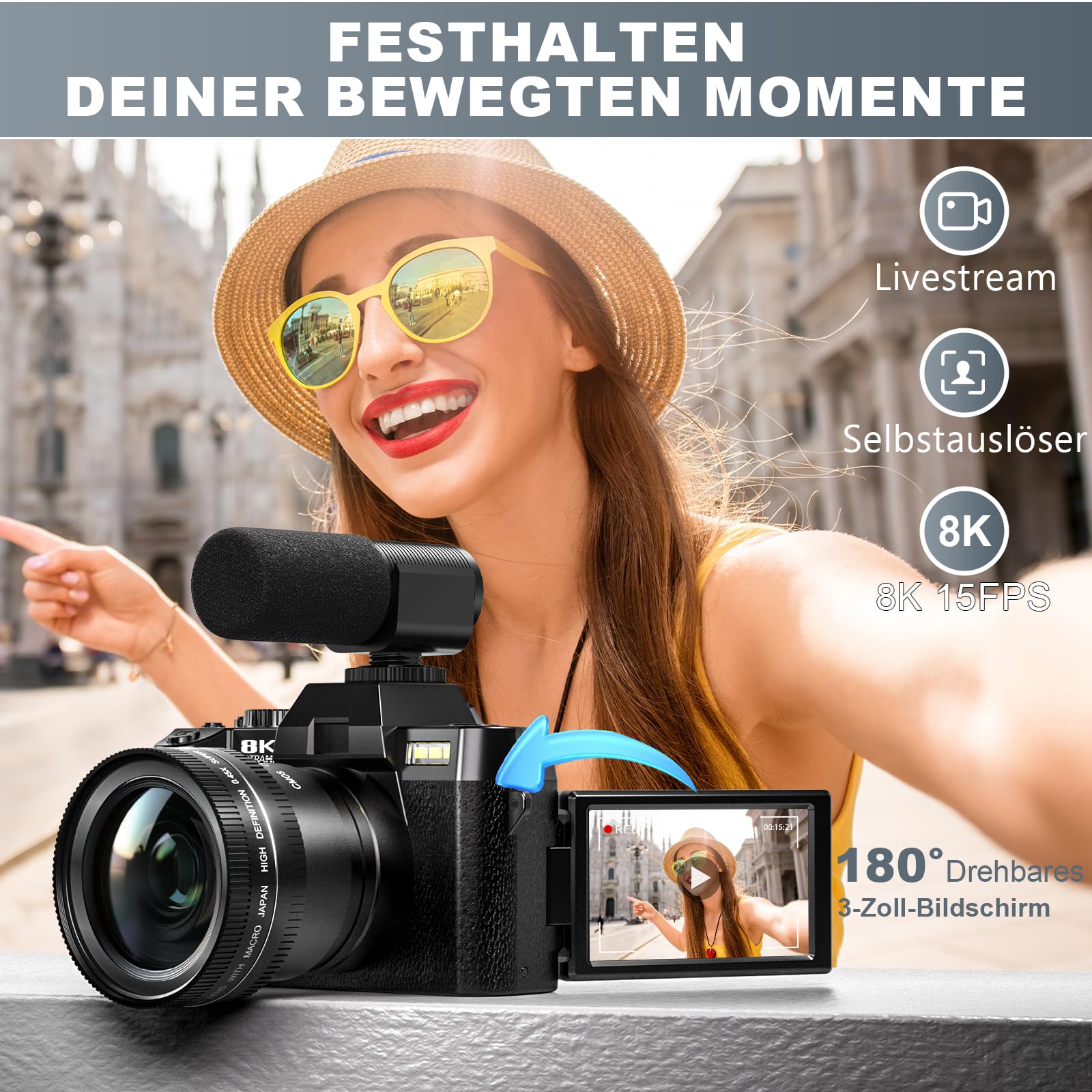 64MP Digitalkamera 8K für Fotografie & Vlogging, 180° Flip Screen Kamera mit WiFi, 16X Zoom, Externes Mikrofon, Weitwinkel- & Makroobjektiv, 2 Akkus & 64GB SD-Karte Komplettset (Classic Schwarz)