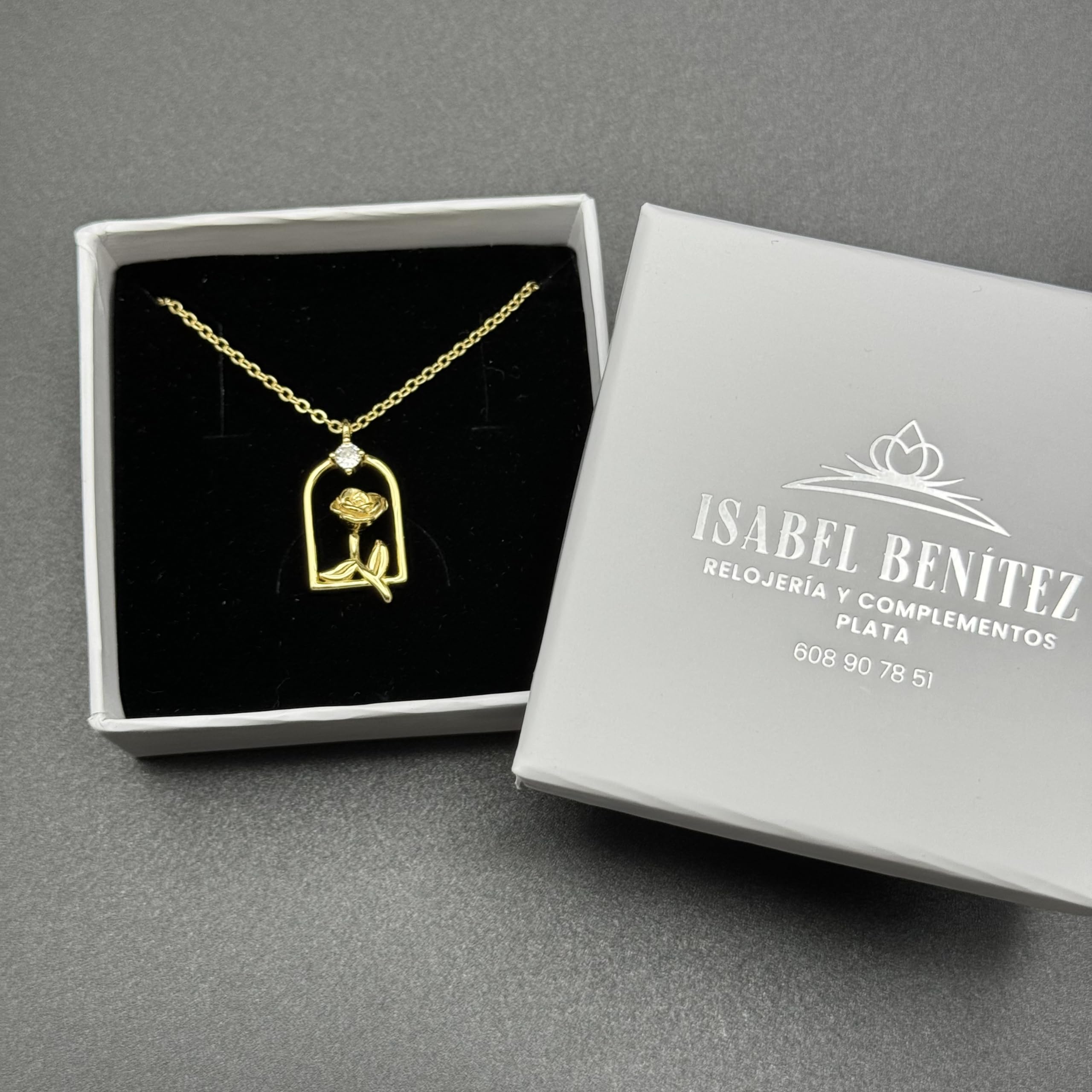 Collar Rosa Bella y Bestia en Plata de Ley 925 y Chapado en Oro con Cadena de 40cm + Alargador. Para mujer, madre, abuela, amiga - Regalo de Navidad, Cumpleaños, Amigo Invisible. (Oro)