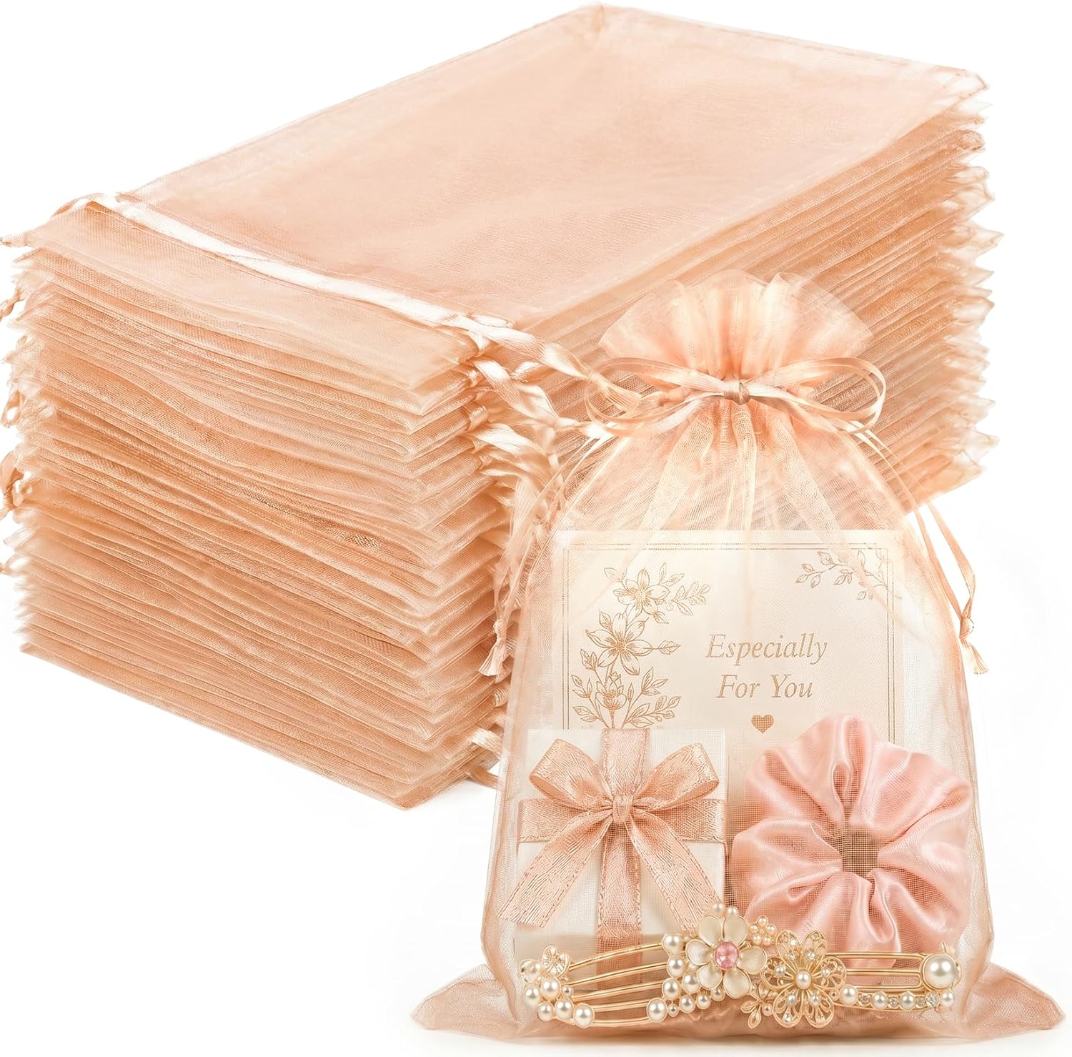 FUNFERY 100PCS Peach Champagne Sheer Organza Bags 5x7 in, Goodie Bags Bulk
