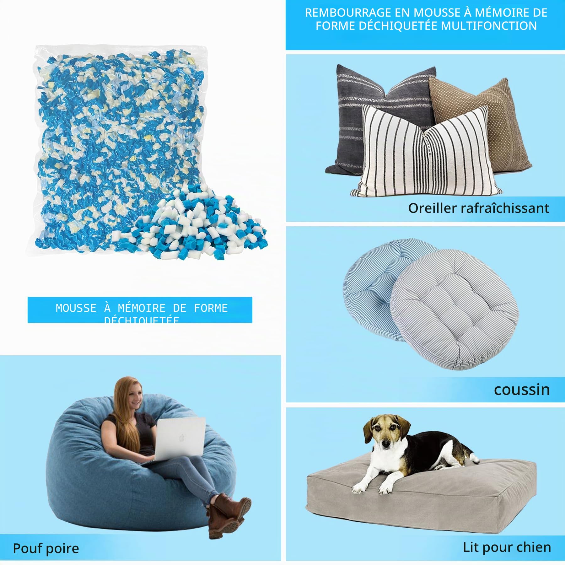 Rembourrage en mousse à mémoire de forme gel déchiqueté, confortable et doux, oreiller rafraîchissant, pouf en peluche, lit et coussin pour chien