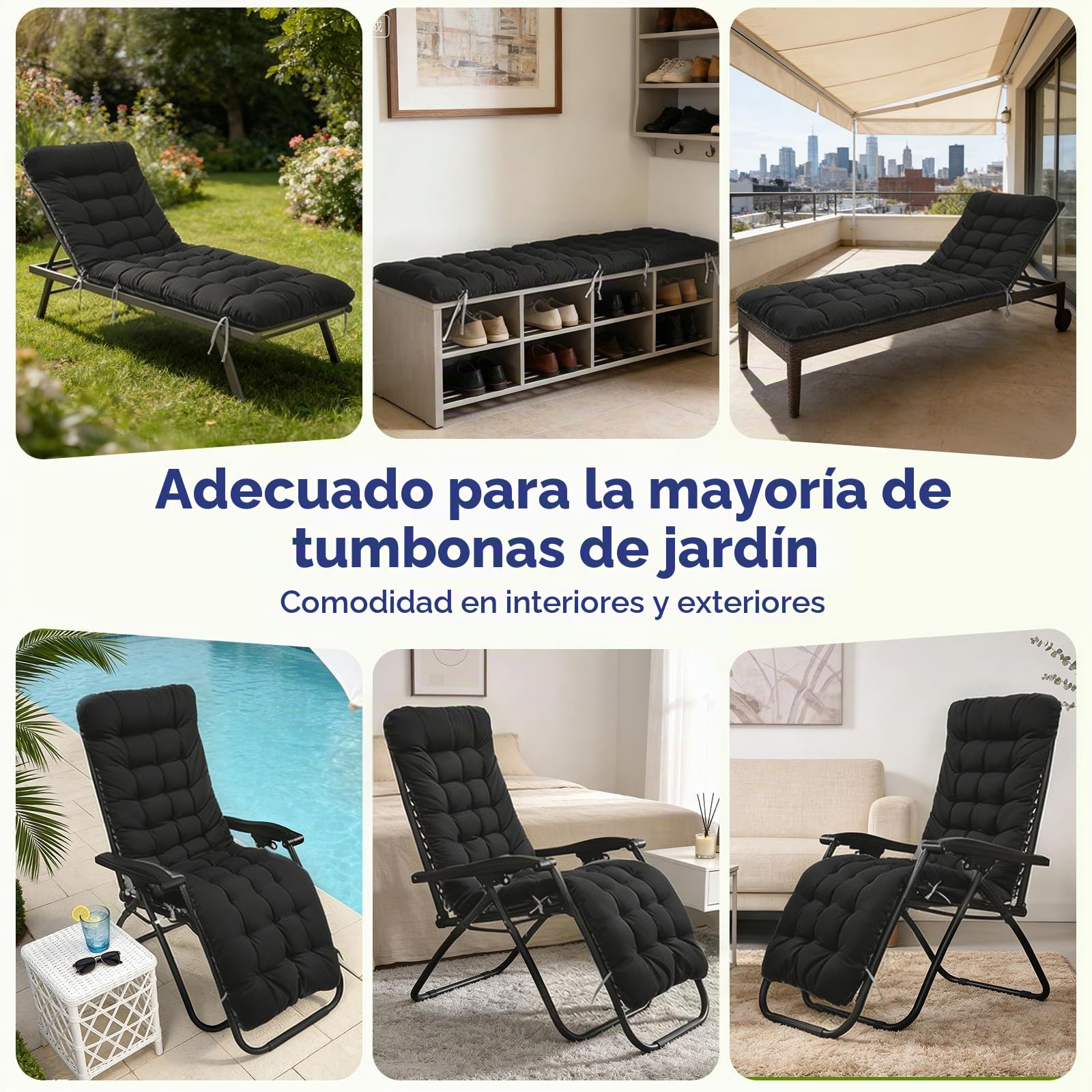 2 Cojines para tumbona de jardín, 170x53x8cm, cojín grueso para tumbona con respaldo alto, antideslizante, reforzado de algodón de primera calidad, cojines resistentes a la intemperie, Negro