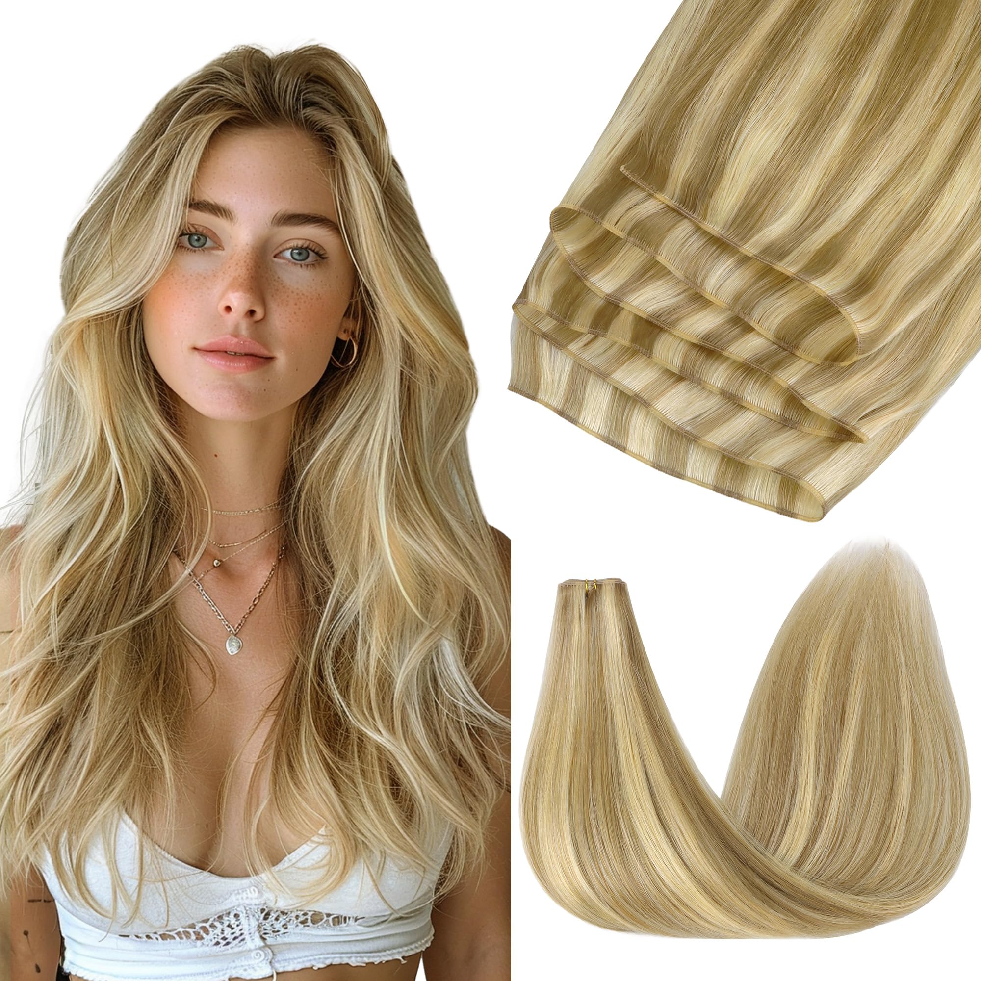 GOO GOO Genius Human Hair Weft Extensions, Sew In Rooted Remy, 16/22 Light Blonde Highlighted Golden Blonde 14inch 40g, Hand Tied