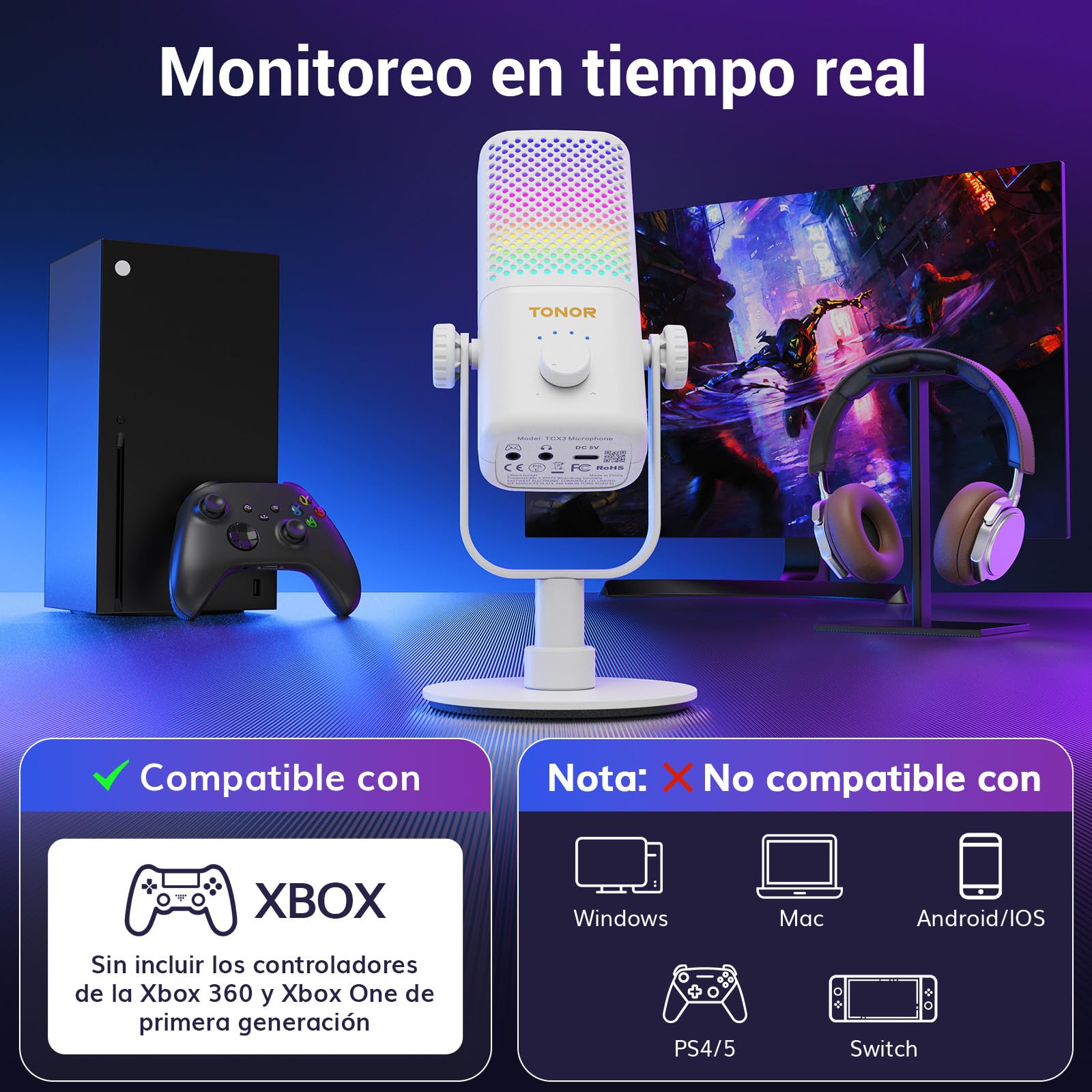 TONOR Micrófono para Juegos Compatible con Xbox, Micrófono Condensador RGB con Vida útil de la Batería 30h, Control de Ganancia, Micrófono de Escritorio con Botón Silencio, Blanco, 200cm,TCX3