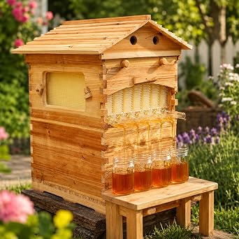Auto Flow Beehive Starter Kit with 7 Flow Frames, Observation Window & Honey Tap, Wooden Bee Hive Box for Beginner Beekeeping and Backyard Honey Harvesting Natural Wood Color