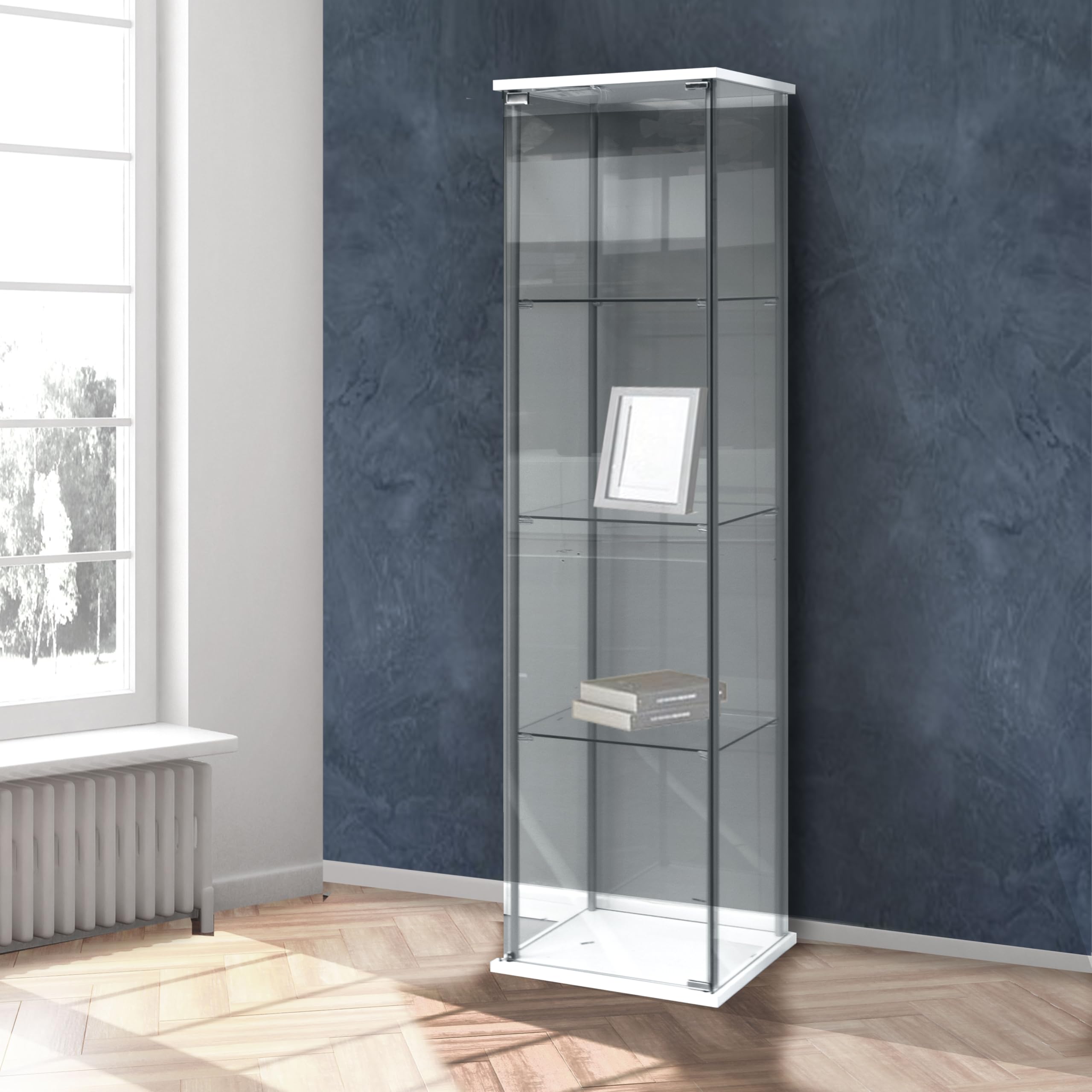 Vetrina Bianca 1 Anta, Design Elegante con Ripiani in Vetro Temperato, Struttura in Metallo e Laminato, 42,5 x 36,5 x H.161 cm, Perfetta per Soggiorno, Sala da Pranzo o Altri Spazi della Casa, in Kit