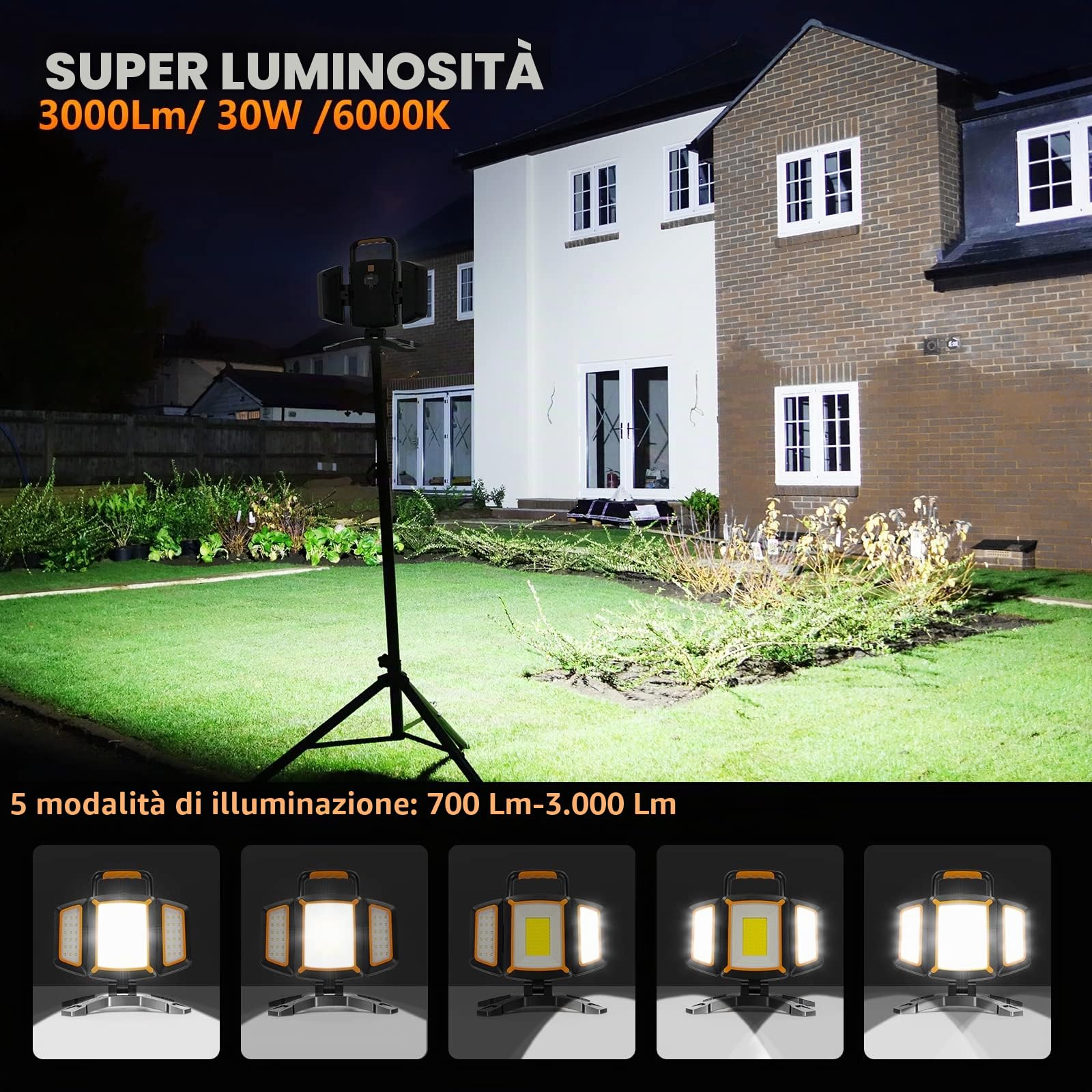 SYLSTAR Faro LED Ricaricabile da 30W, 3000LM Faretto a Batteria Super Luminoso Portatile con Magnete, 5 Modalità e Funzione Power Bank per Pesca, Garage, Officina, Campeggio e Emergenza, Impermeabile