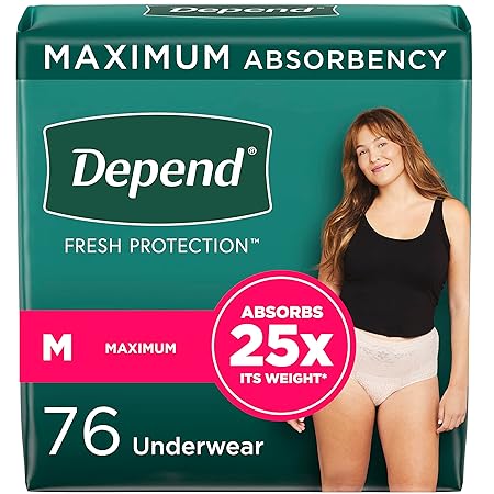 Depend FIT-Flex Incontinence Underwear for Women, Maximum Absorbency, Blush, Medium, 76 Count
