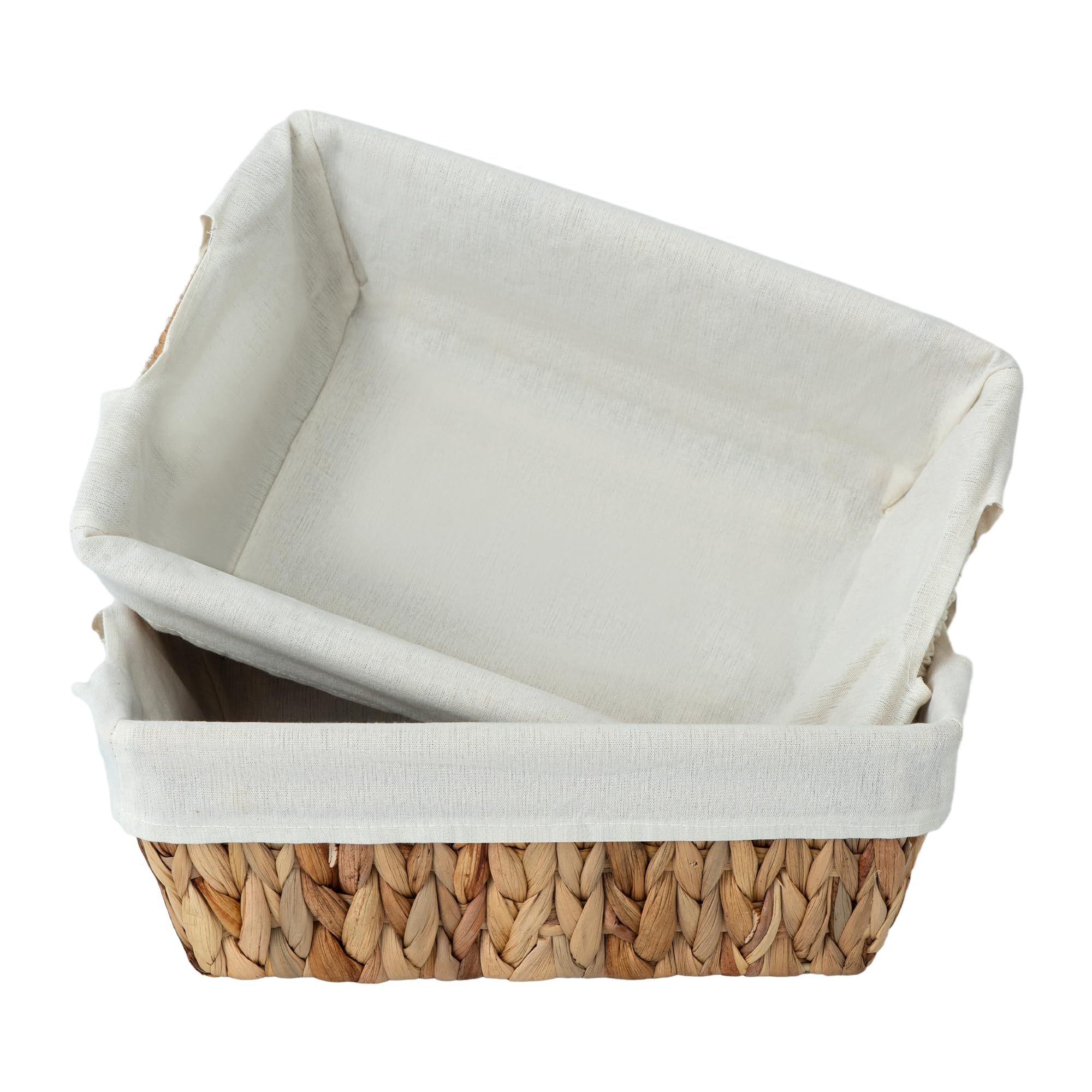 SUPTINWEAR Handwoven Water Hyacinth Bathroom Organizer Baskets Set of 2, Decorative Storage Bins with Washable Liners & Handles for Toilet Tank, Vanity, Shelf & Countertop Organization