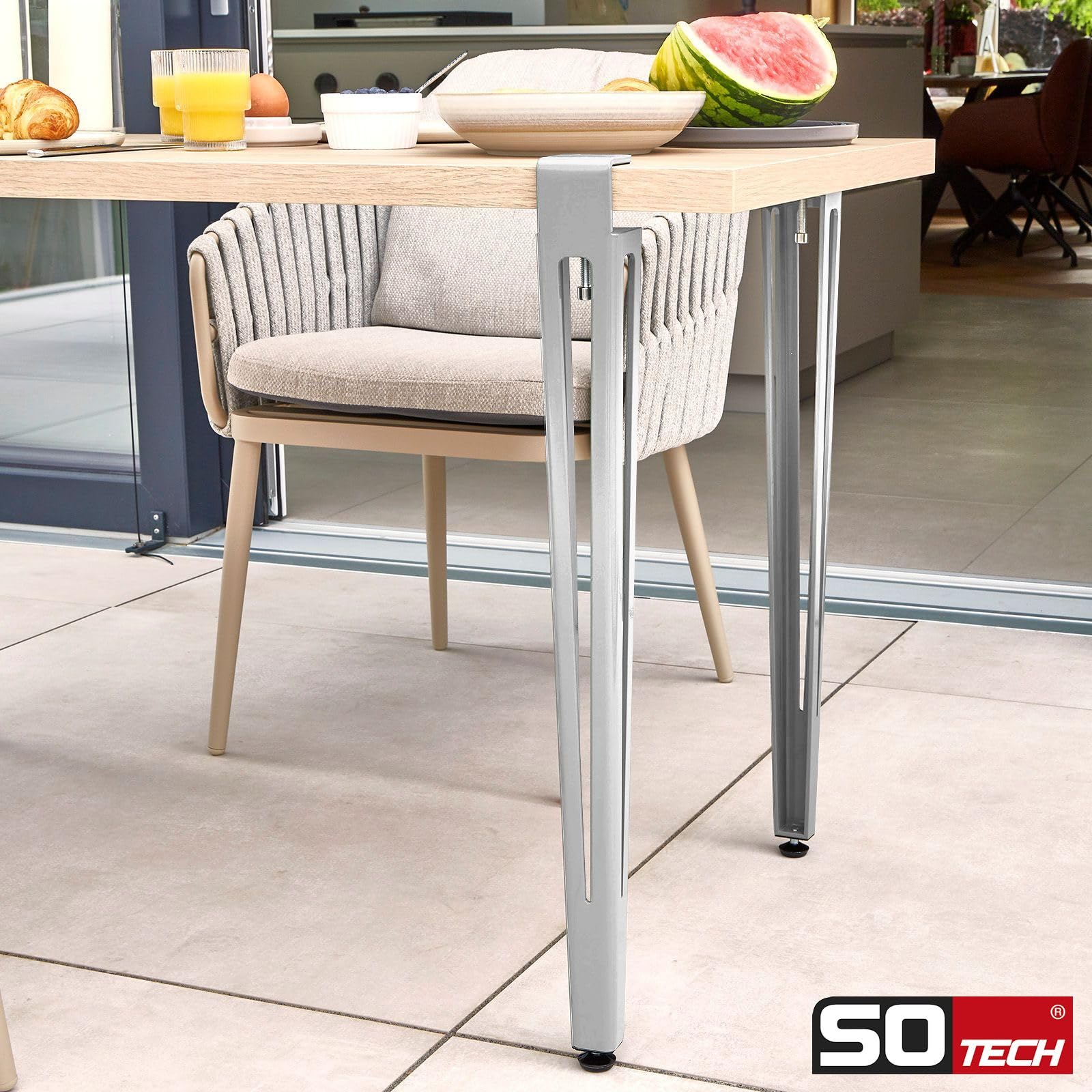 SOTECH lot de 4 pieds de table en forme de F hauteur 745 mm réglables blanc coniques de 70 à 40 mm avec vis de serrage (sans perçage) pour table de cuisine, table à manger, table de bureau