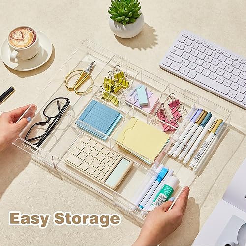 Miniatura 5 de 1 organizador de cajones de escritorio de acrílico de 2 pulgadas de altura, bandejas organizadoras de cajones expandibles con 8 compartimentos