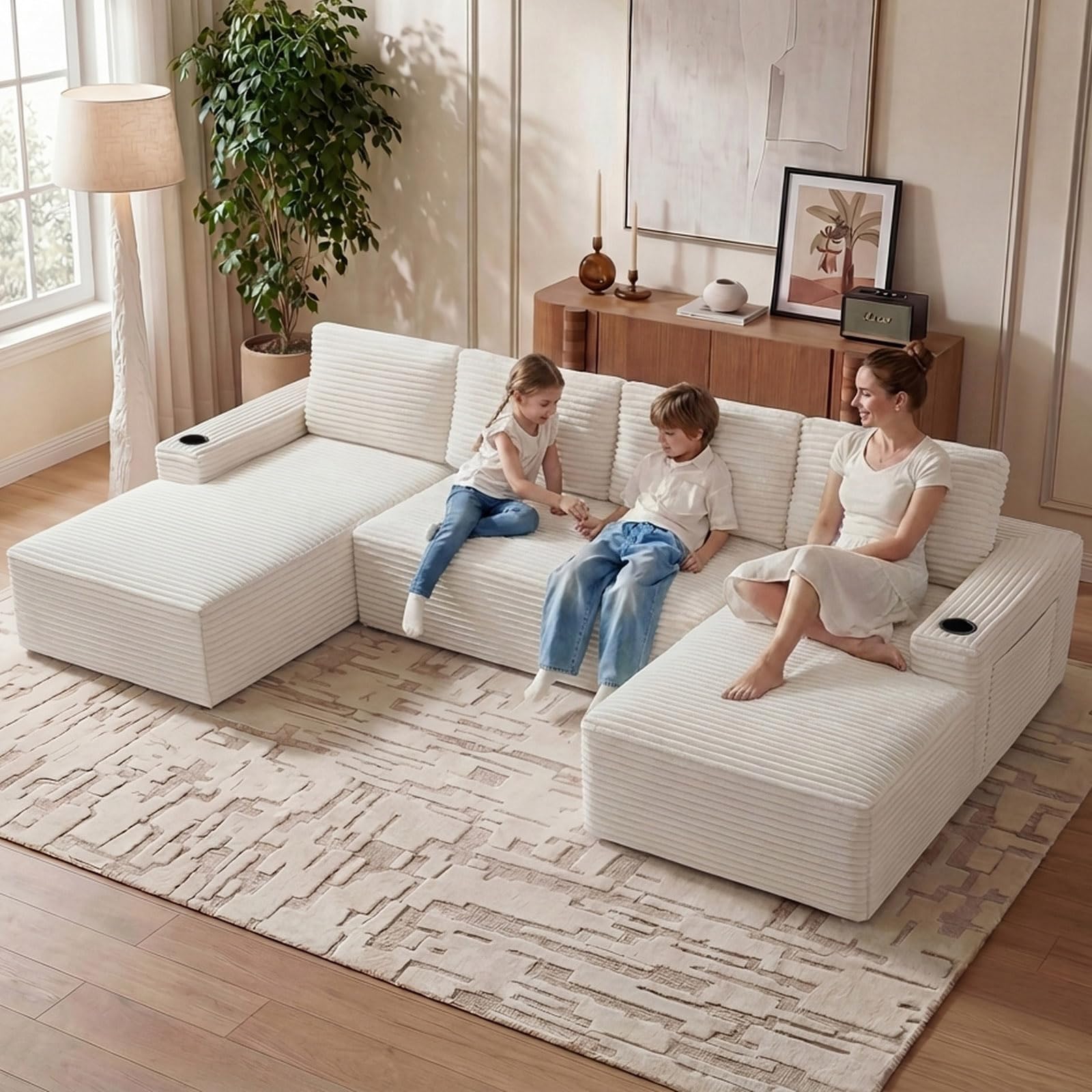 133" U-Shape Cloud Couch, Modern Modular Sectional U-Shape Sofa, Corduroy Boneless Couch Upholstered Couches Deep Seat Sleeper Chaise Longue for Living Room, No Assembly Required,White