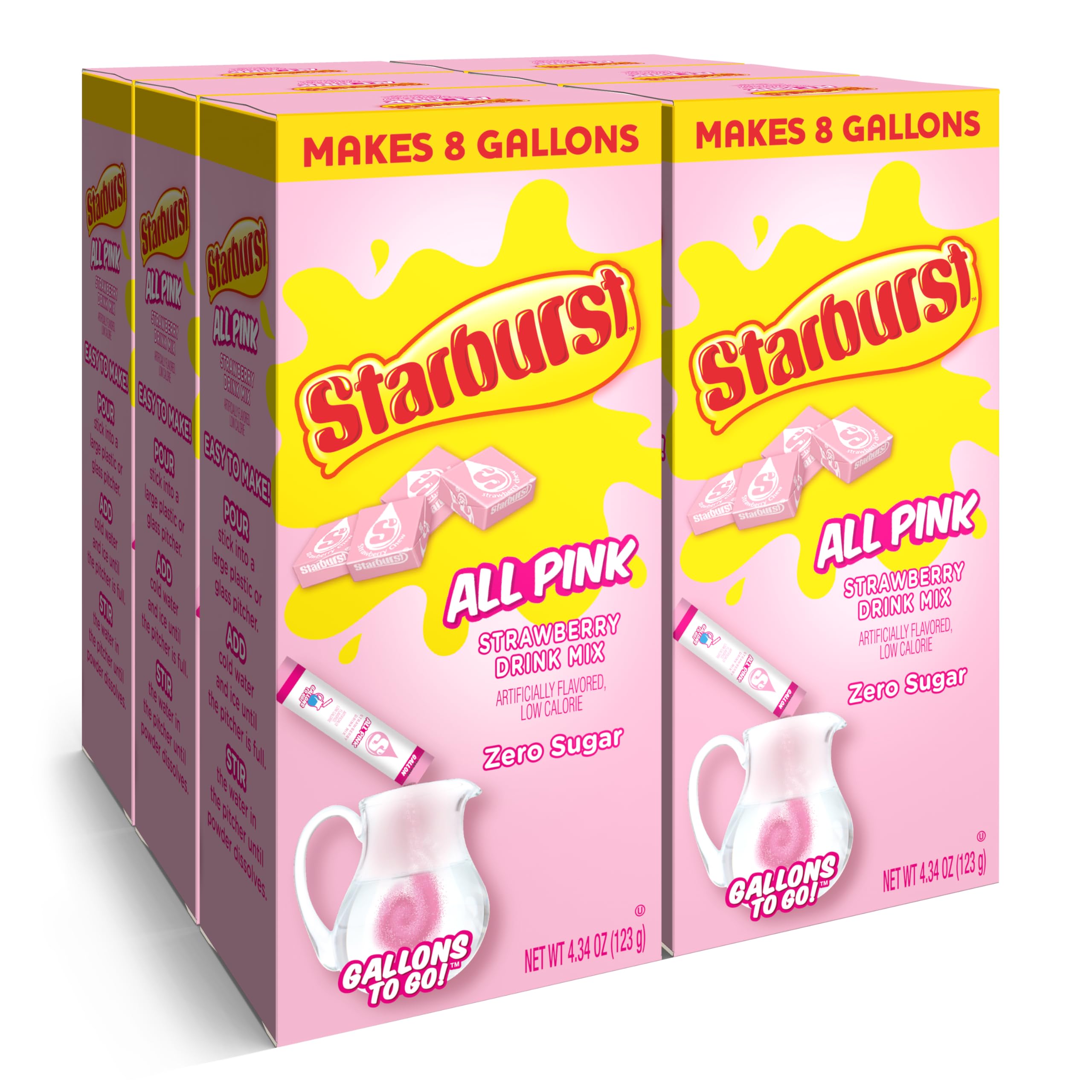 Starburst Gallons To Go Powdered Drink Mix, 8-Count Box (6 Pack), All Pink Strawberry - Low Calorie and Zero Sugar Drink Mix, Each Stick Makes 1 Gallon-Sized Pitcher