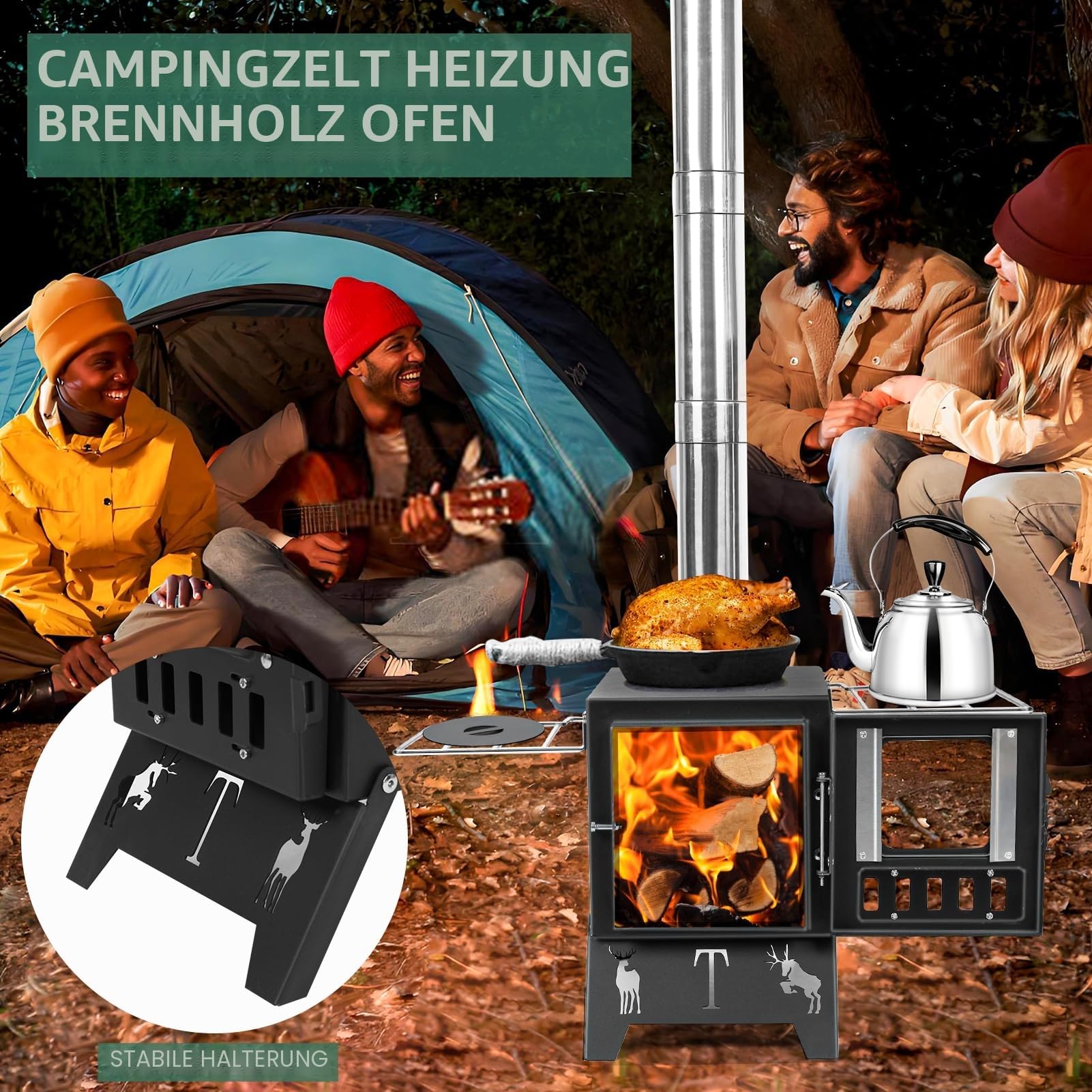 Tragbarer Faltbarer Holzofen Campingkocher, Heißer Zelt-Herd für Außenheizung & Kochen, Eisfischen, Jagen, Camping inklusive Rohre Schwarz