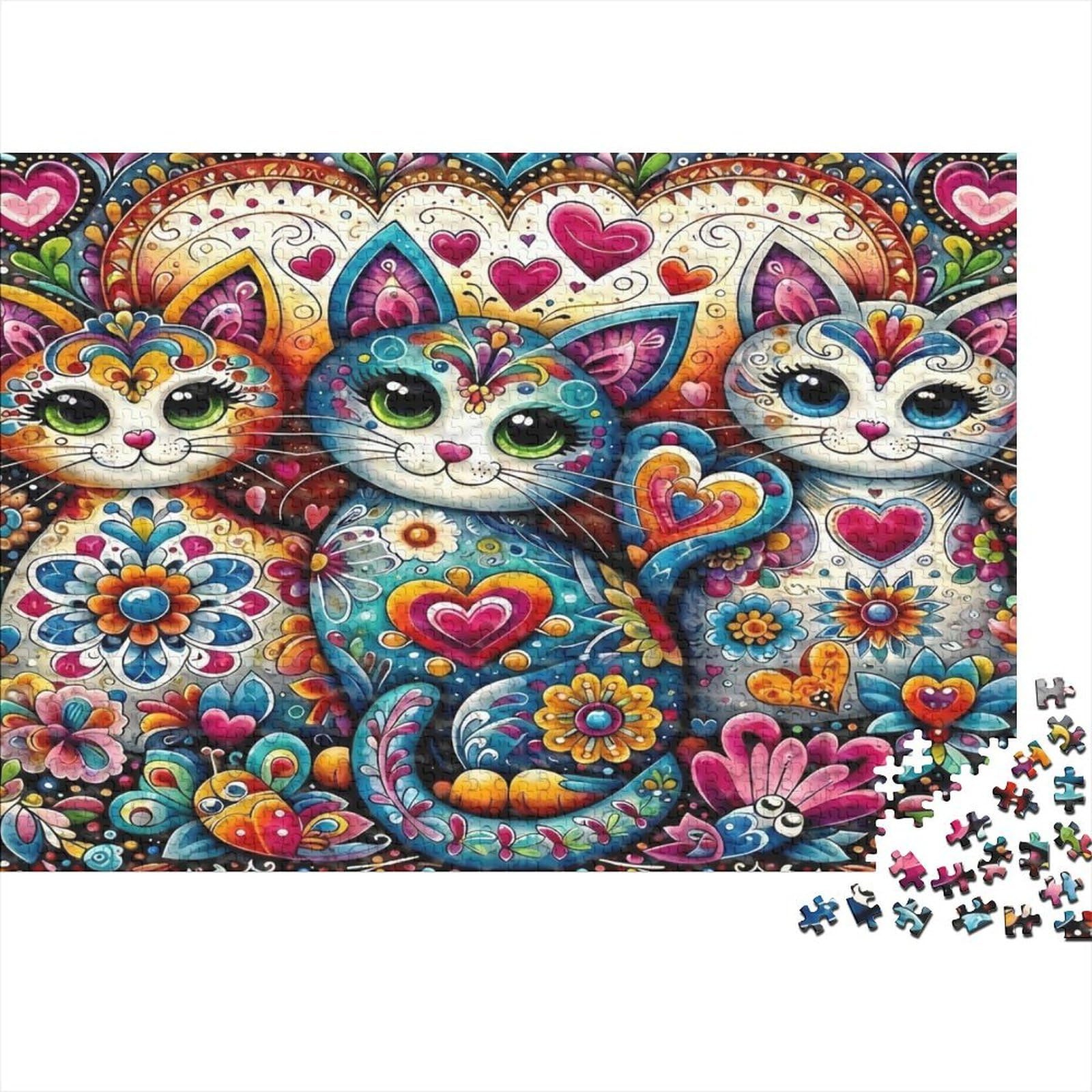 Colourful Cat Art 1000-Piece Three Colourful Cats Recycled Cardboard Jigsaw For Adults Educational Game Decompression Relaxation Creativity Gift 52x38cm