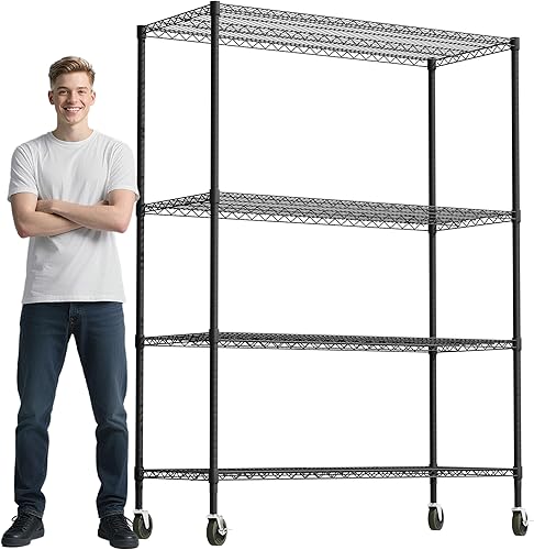 Miniatura 21 de Whitmor Estantería de 4 niveles, estantes de almacenamiento ajustables con ruedas, estantería de alambre, capacidad de 400 libras por estante, Negro