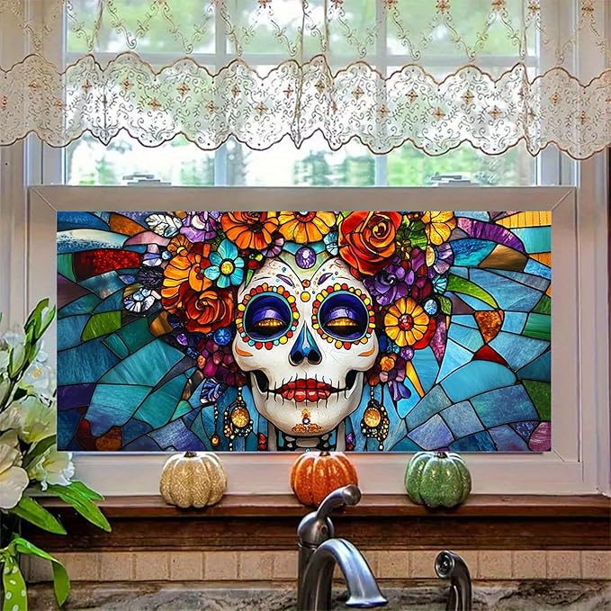 Day of The Dead Window Film 39.3x17.7 Inch Sugar Skull Cling Dia de Los Muertos Gothic Halloween Window Sticker for Glass Decor Calavera Removable Window Art for Home Office