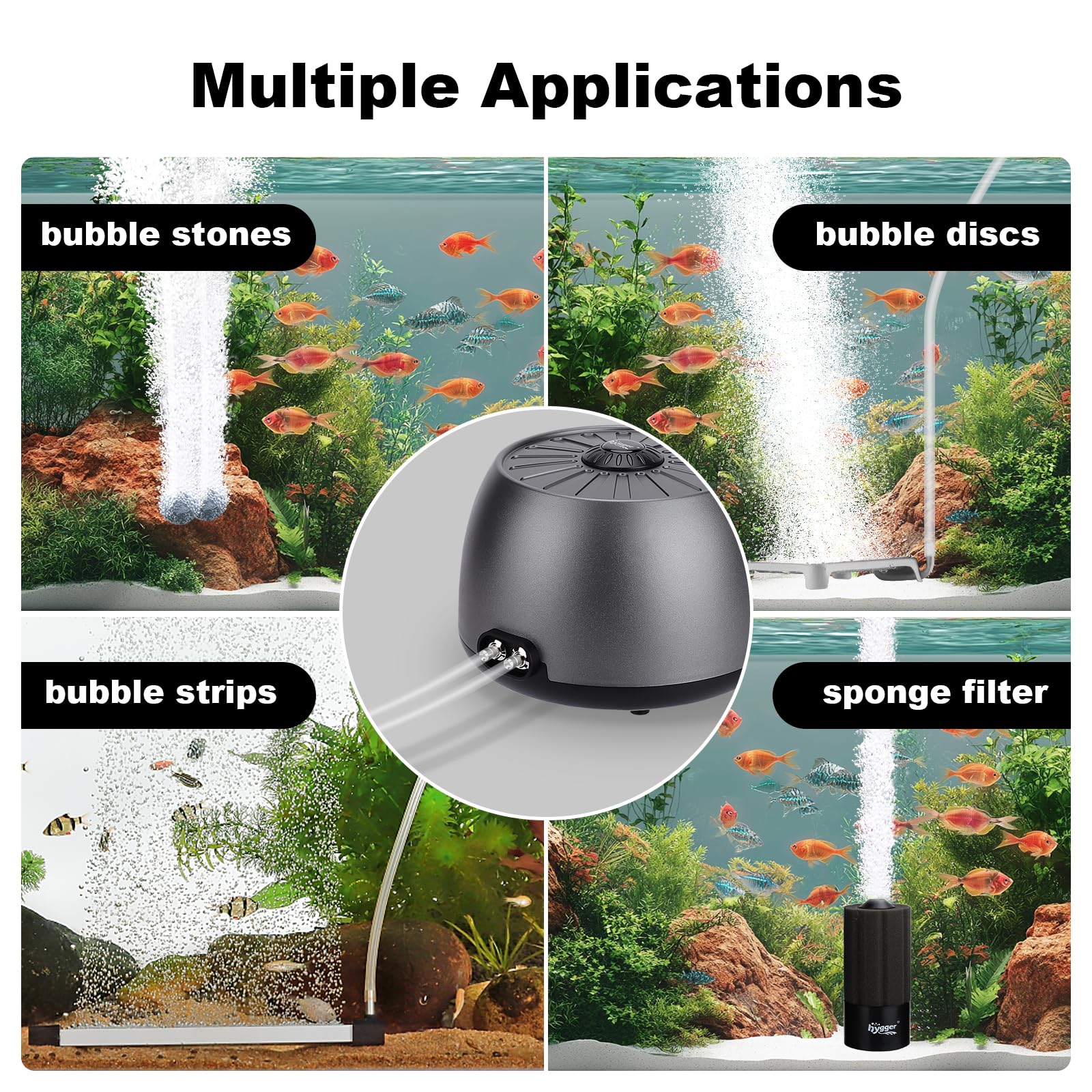 hygger Ossigenatore per Acquario <35 dB Regolabile Pompa di Ossigeno Silenziosa,Aeratore per Acquari con Pietra Porosa Accessori per Serbatoi