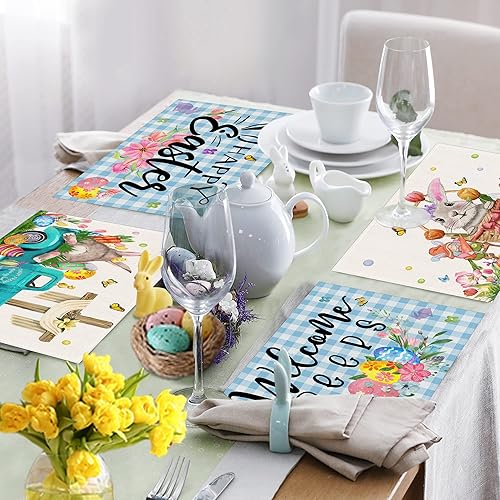 Miniatura 7 de Hexagram Juego de 4 manteles individuales de Pascua diseño de conejito a cuadros azules decoración de cocina tapetes rústicos de Pascua para