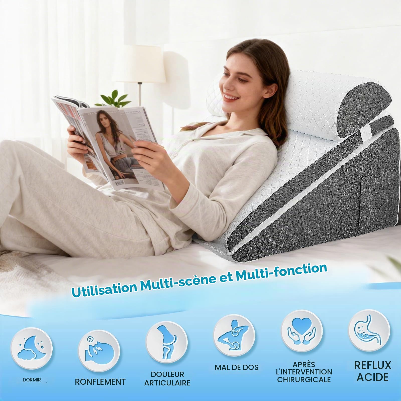 Oreiller orthopédique 3 en 1 pour l'apnée du sommeil avec oreiller réglable, oreillers compensés pour reflux acide, soulagement de la douleur, rongeur, élévation des jambes avec couverture