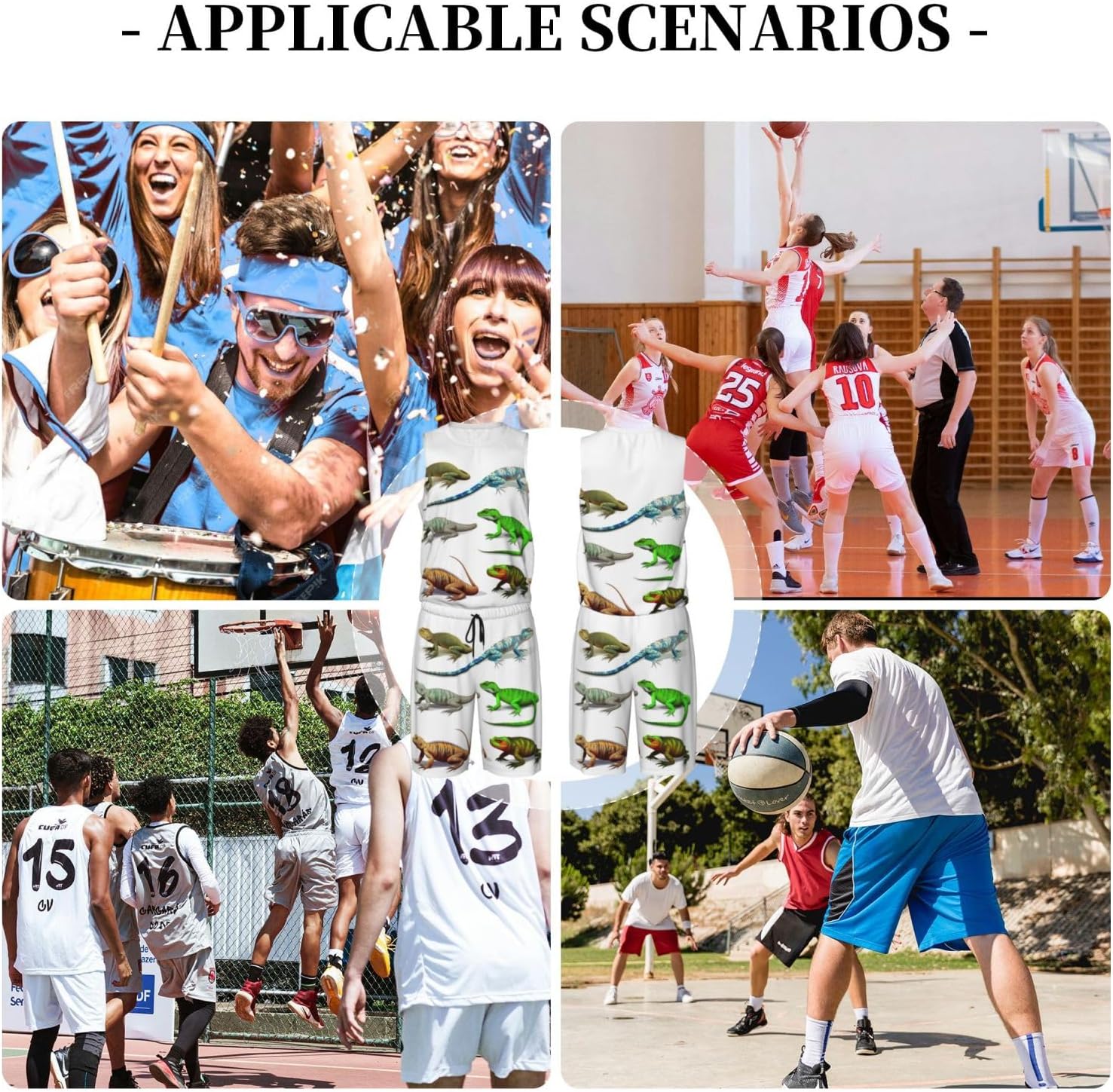 Mens Basketball Jerseys Different Types of Lizard Uniform Suit Mesh Sports Jersey Outfits T-Shirt and Short Sets Black