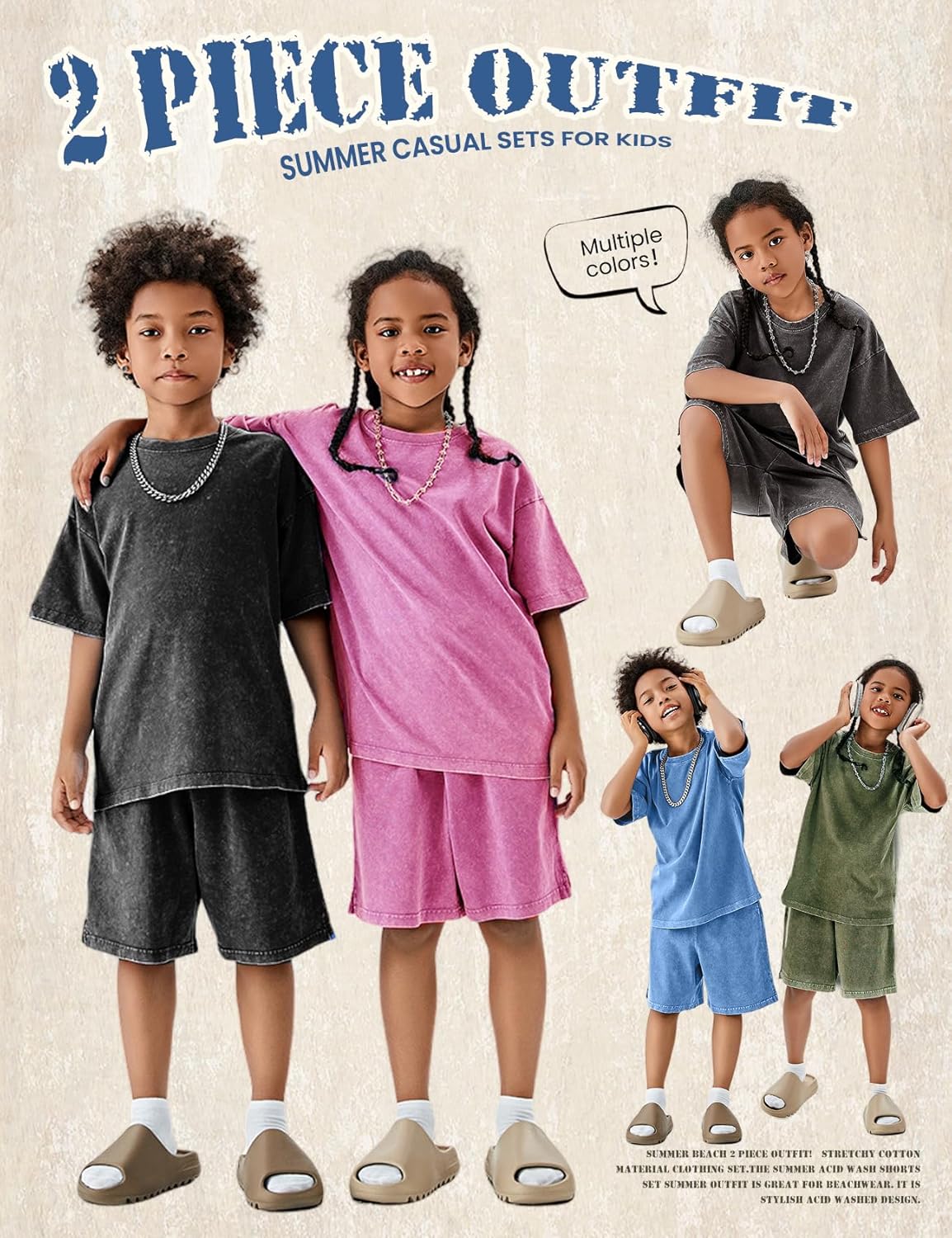 Gihuo Boys Summer Outfits Acid Wash Shirts and Short Sets 2 Piece Vintage Matching Set for kids