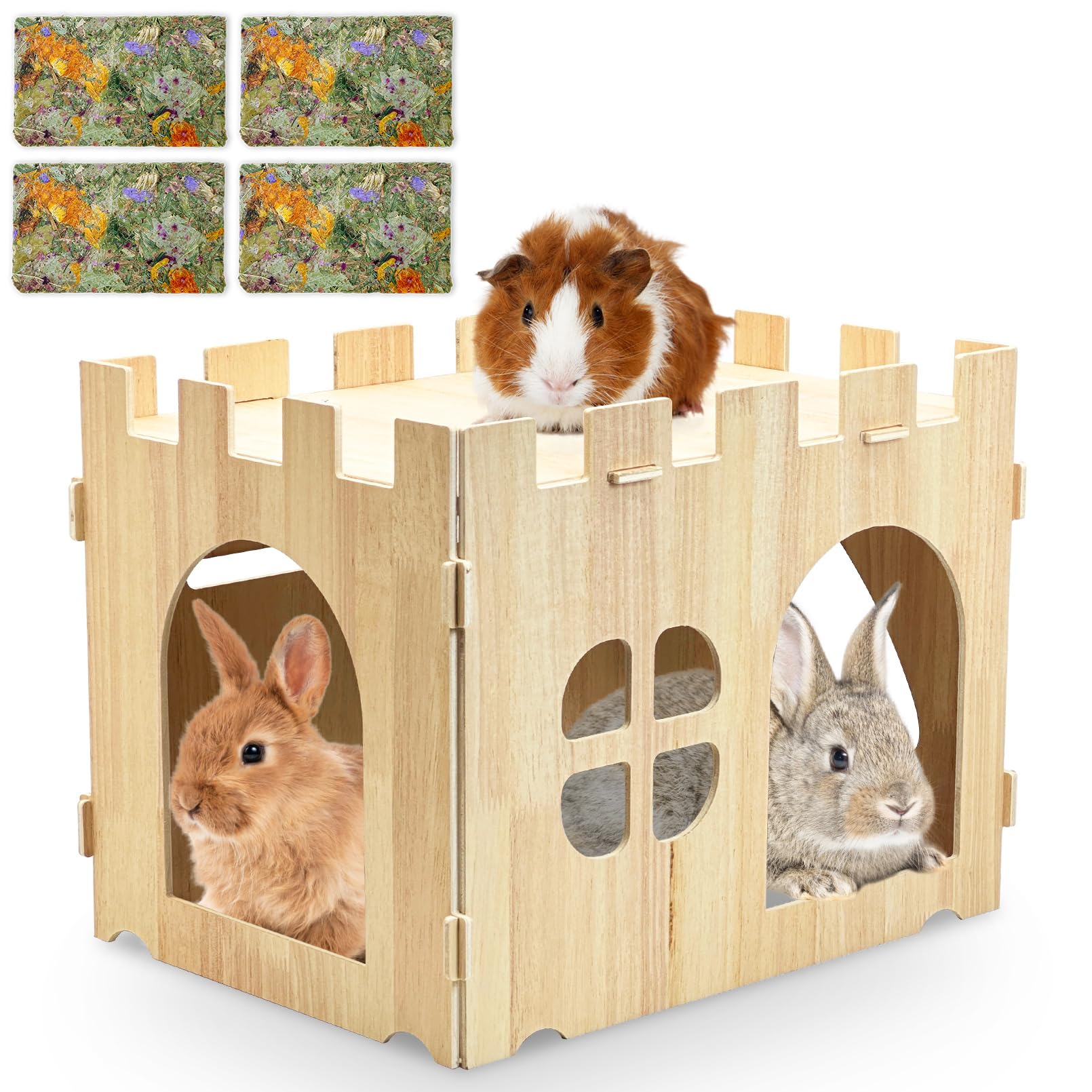 Fhiny Wooden Guinea Pig Hideout, Detachable Bunny Castle with 4 PCS Timothy Hay Chew Toys Guinea Pig Play Hideaway Cage Accessories for Indoor Rabbit