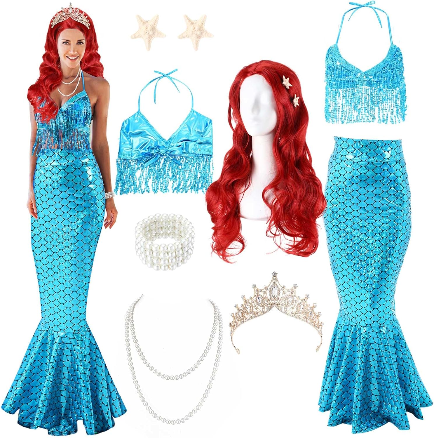 8 Pcs Mermaid Costume for Women Halloween Costumes Sparkly Sequins Top Mermaid Skirt Wig Princesses Dress for Adults