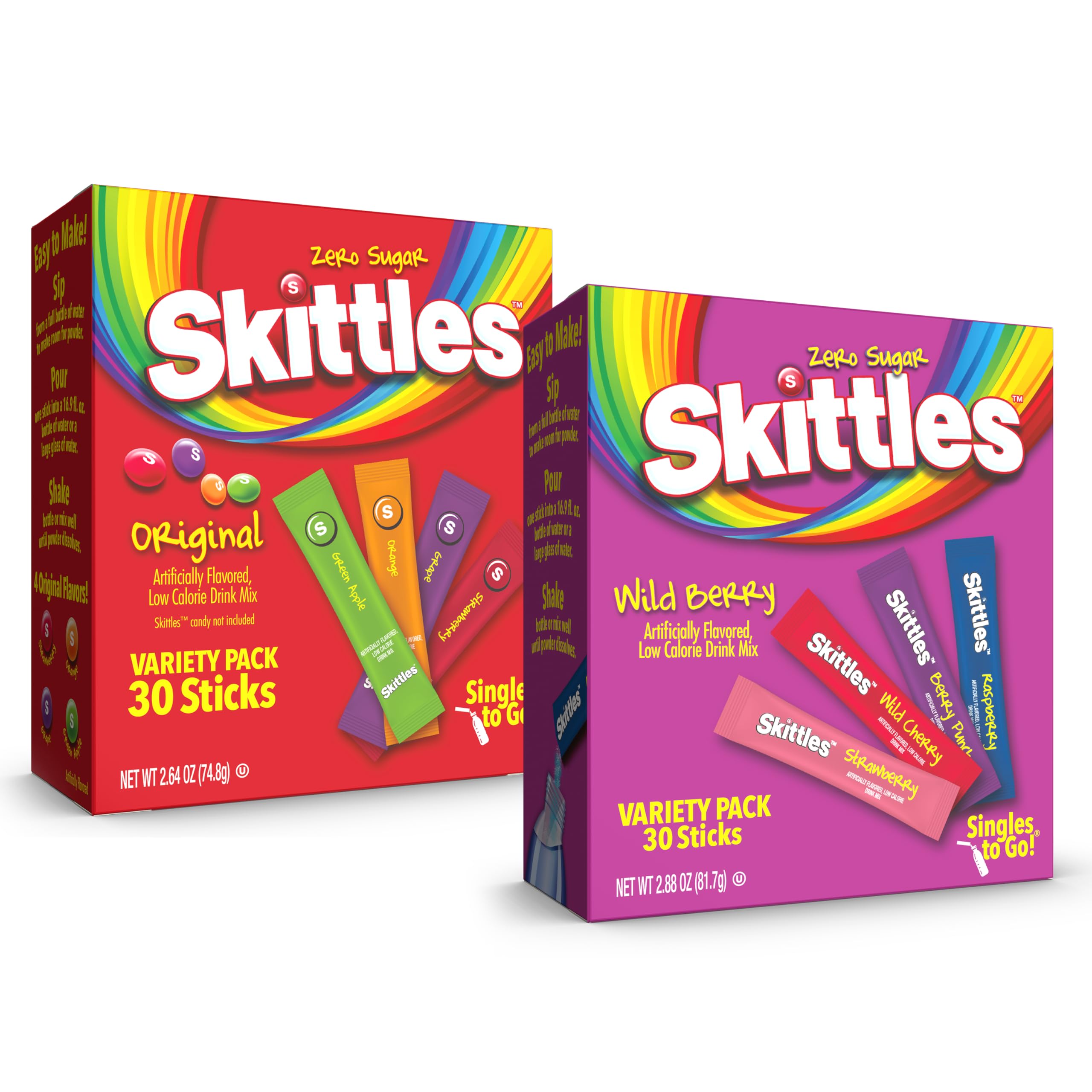 Skittles Singles To Go Wild Berry & Original Flavors Variety Pack, Watertok Powdered Drink Mix, Zero Sugar, Low Calorie, Includes 4 Wild Berry Flavors & 4 Original Flavors, (60 Single Servings)