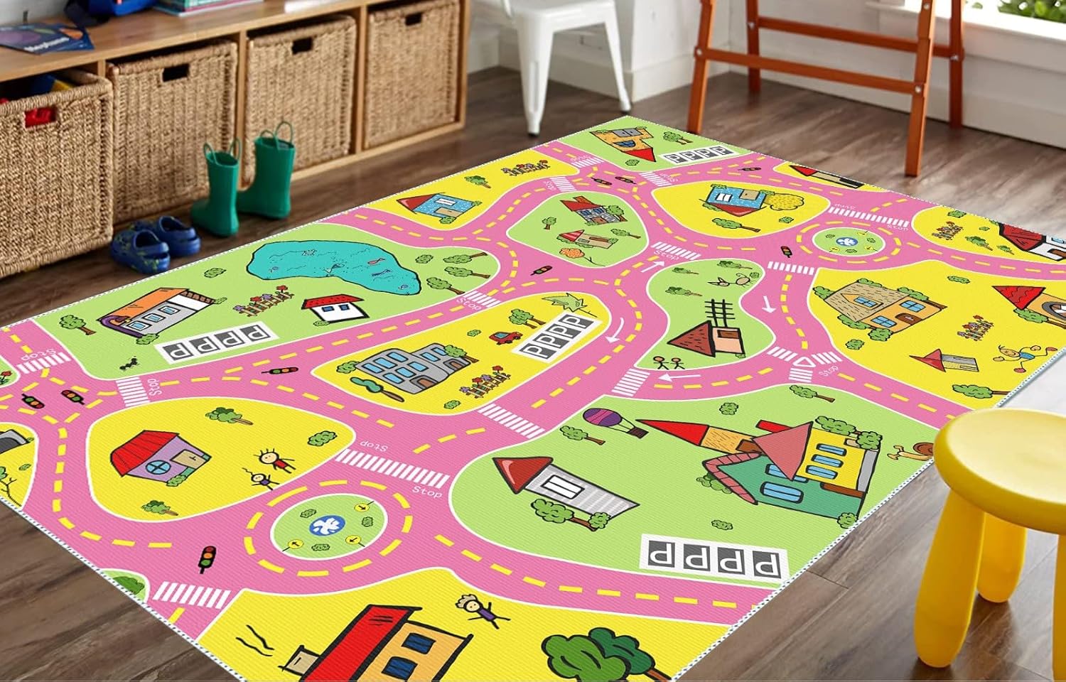 Kids Race Track Rug Play Mat – Car Rug for Toy Cars, Play Area, Polyester, Machine Washable, Multiple Sizes for Playroom Decor