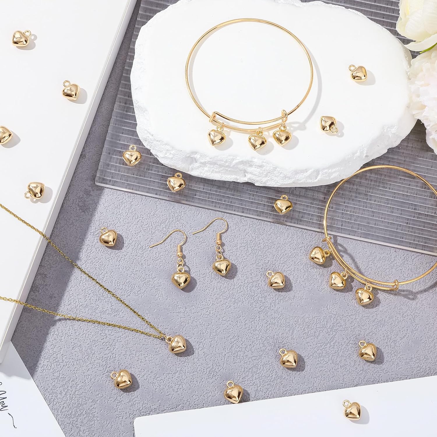 MARFOREVER 40 Pcs 18K Gold Heart Charms for Jewelry Making, Valentines Charms 3D Love Heart Shape Dangle Pendants for Mother's Day Valentine's Gifts Bracelet Necklace Earrings Making DIY Crafts - Image 4