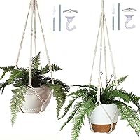 Bouqlife 43 Inch Large Macrame Plant Hangers for 12-14 Inch Pots - Extra Long Cotton Rope, Heavy Duty Swag Hooks, No Tassel, Beige 2-Pack