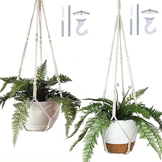 43 Inches Macrame Plant Hangers Large for up to 12 inch Pot Extra Long with Heavy Duty Swag Hooks No Tassel Cotton Rope Hanging Plant Holders (Beige, 2 Pack)