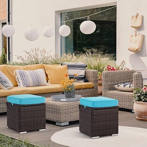 Miniatura 5 de Otomanas para exteriores para patio, otomana de mimbre de ratán con almacenamiento para reposapiés al aire libre, asiento para muebles de patio con