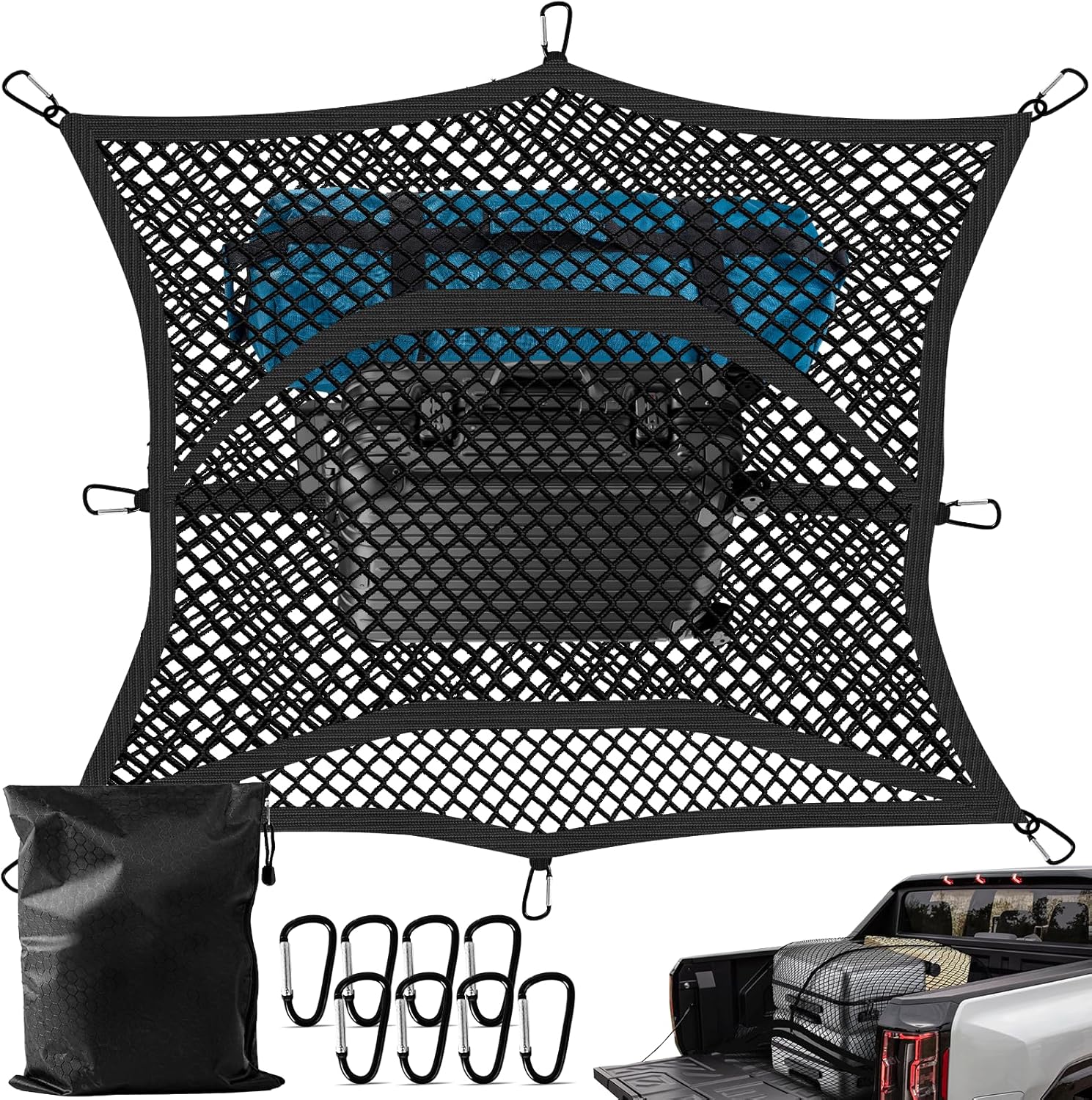 Truck Bed Cargo Net, High Elastic Cargo Net with Storage Bag and 8 rustproof Buckles, Stretchable from 4'x4' to 7'x7' Ideal for ATV, SUV, UTV, Truck and Boat Use, Double Layer