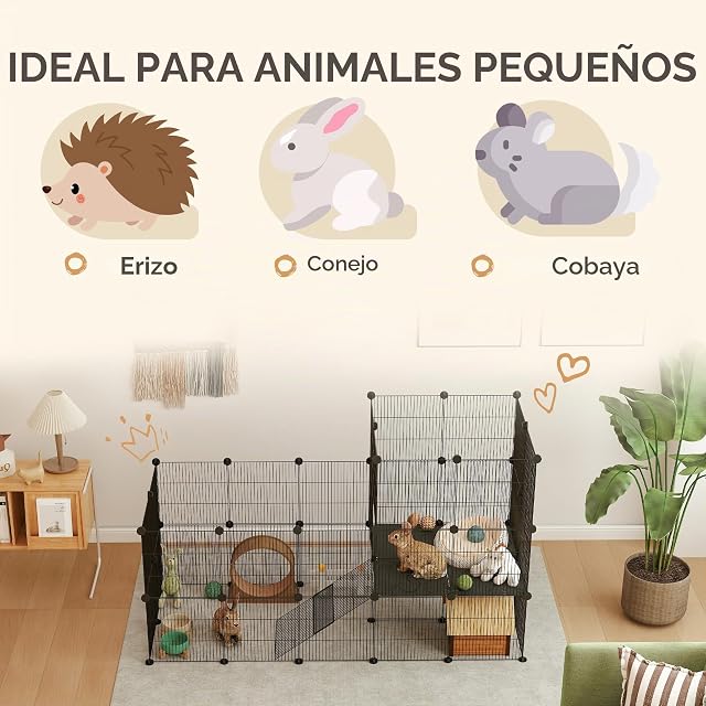 Foto 6 de 8 de PawHut - Recinto para Animales pequeños, Jaula de Conejo Modular 2 Niveles, 39 Paneles con rampa…