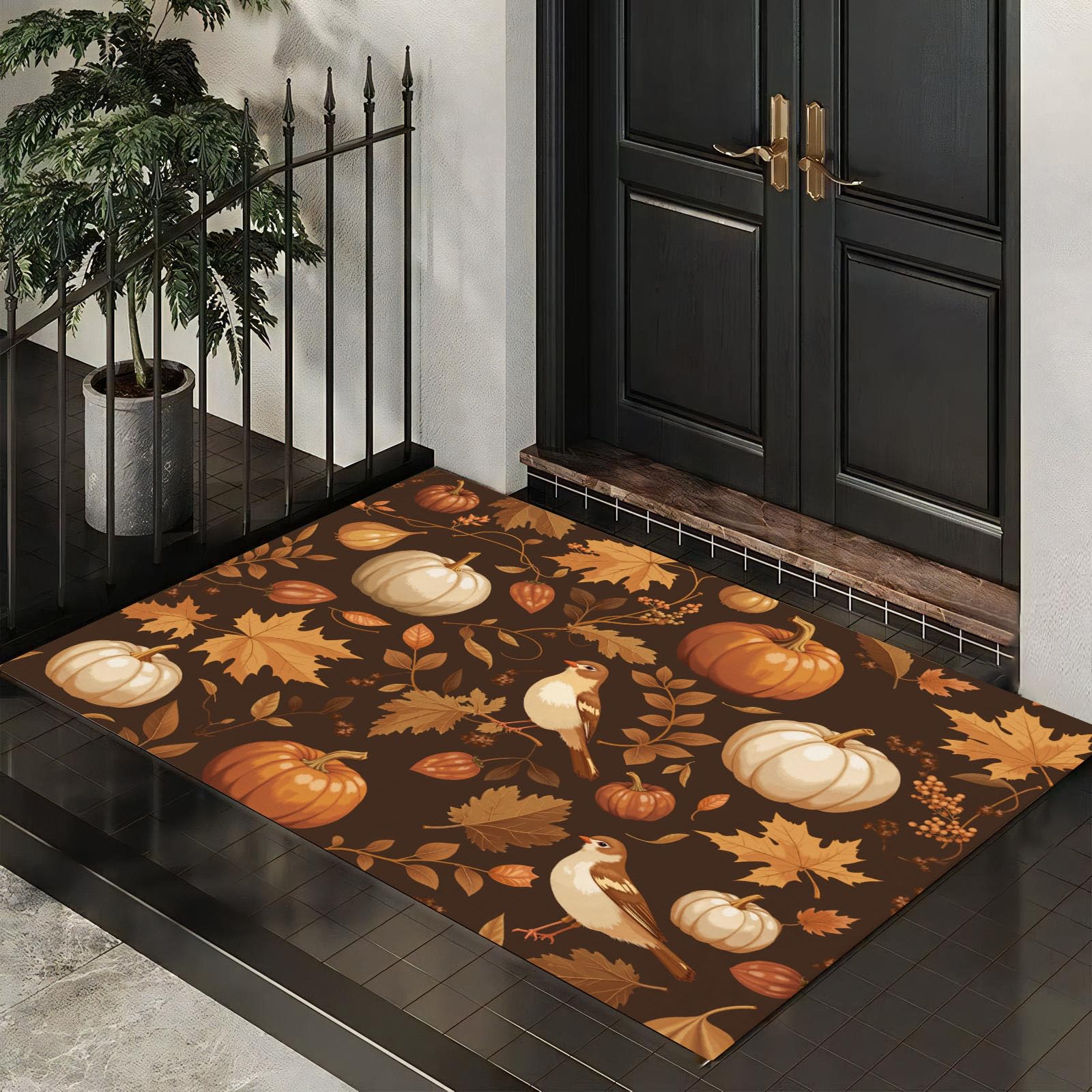 Felpudo Entrada Casa 60x120cm Alfombra Atrapapolvo Calabaza, Hojas De Otoño, Alfombrilla Pasillo Antideslizante Country Retro Tapete Absorbentes Lavable para una Entrada Limpia, Marrón Oscuro