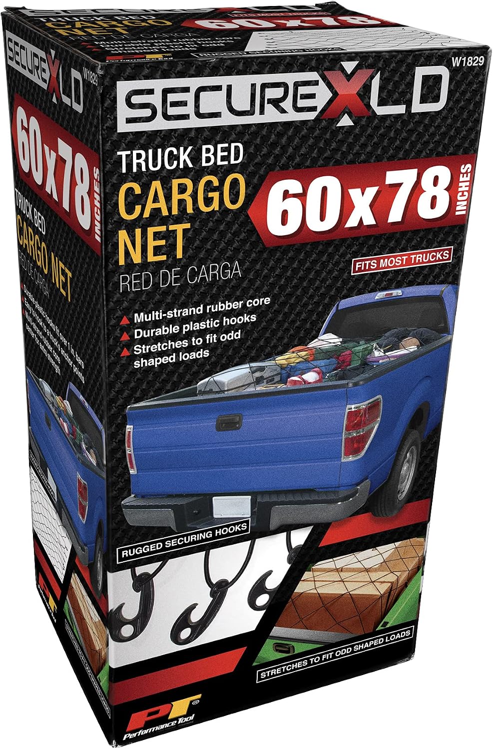 Performance Tool W1829 60-Inch X 78-Inch Cargo Net - Heavy Duty Truck Bed Bungee Net with 12 Steel Hooks for Securing and Stabilizing Loads