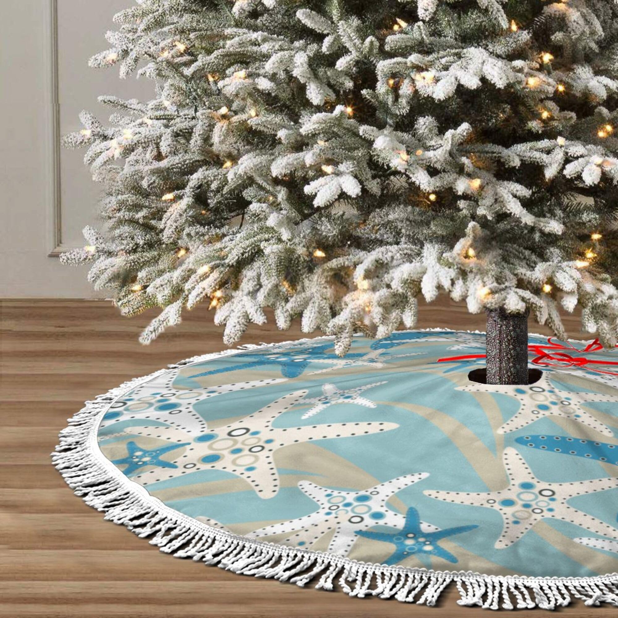 Sea Starfish Christmas Tree Skirt Coastal Decor Blue Beach Starfish Christmas Tree Skirt Round Carpet Mat New Year Party Supplies Accessory for Xmas Halloween Holiday Tree Decoration Occasion 30
