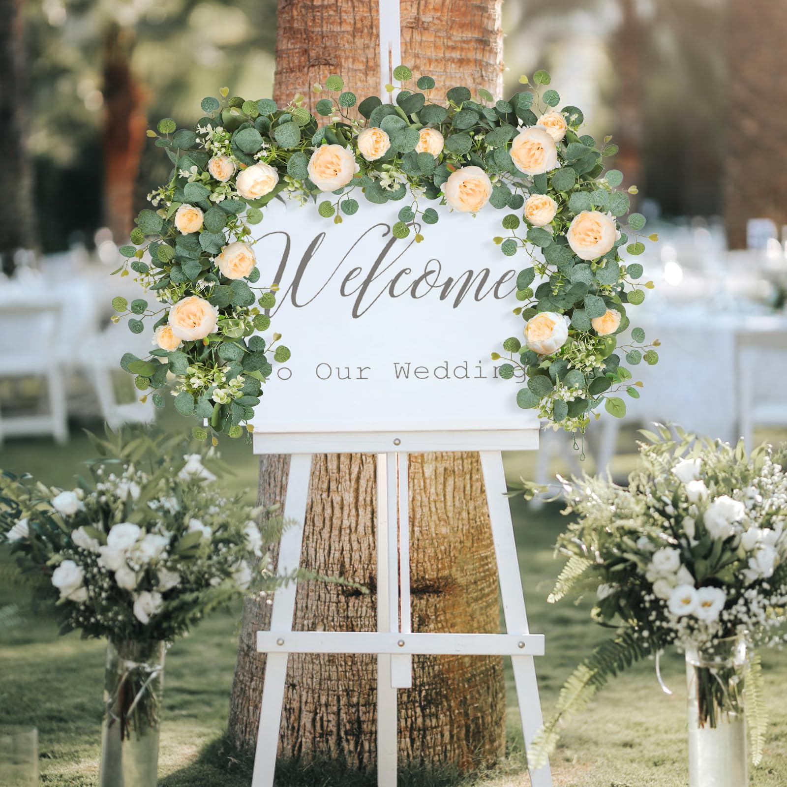 Künstliche Eukalyptus-Blumengirlande mit künstlichen Rosen, Samen, Eukalyptusblättern, grüne Girlande für Hochzeit, Tischhintergrund, Party, Tafelaufsatz, Raumdekoration, Champagner, 4 Stück