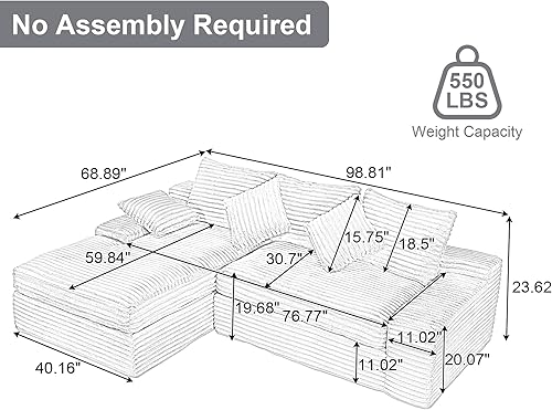 Miniatura 2 de Sofá modular Cloud de 99 pulgadas, sofá en forma de L con asiento profundo, moderno sofá comprimido sin hueso con diván, sofás de pana de 3 plazas
