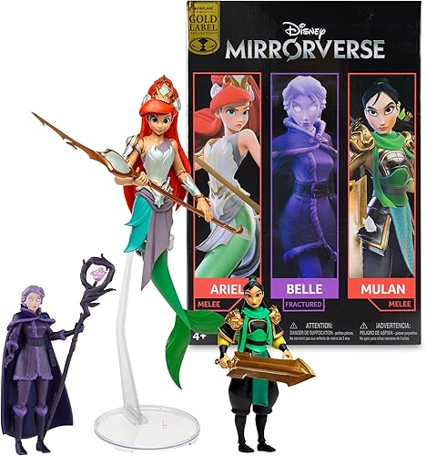 McFarlane Toys - Disney Mirrorverse Mulan 5 pulgadas Belle (fracturado) 5 pulgadas y Ariel 7 pulgadas figura de acción paquete de 3, etiqueta